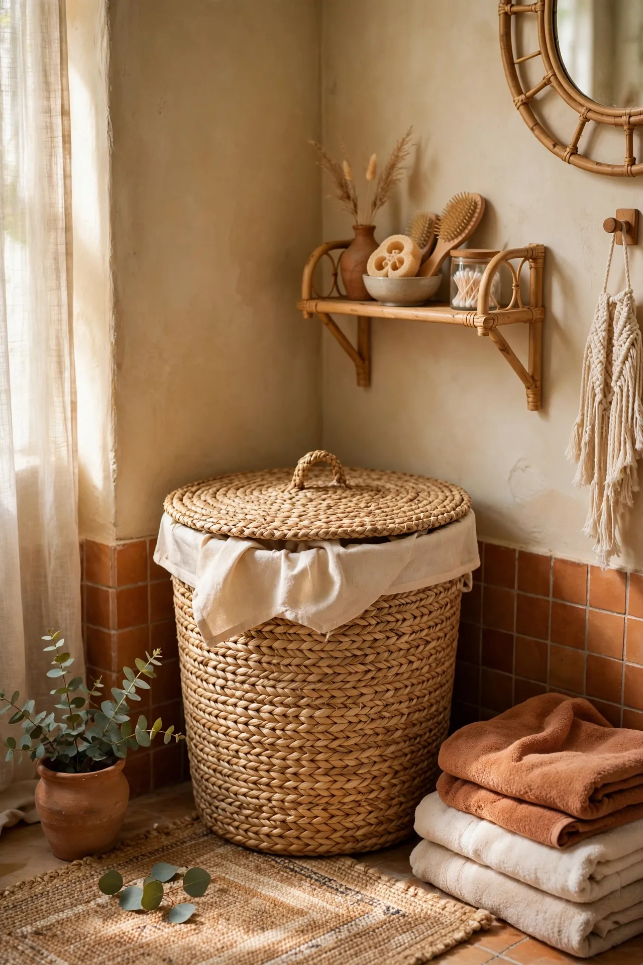 Woven seagrass laundry hamper with a lid in a boho bathroom corner