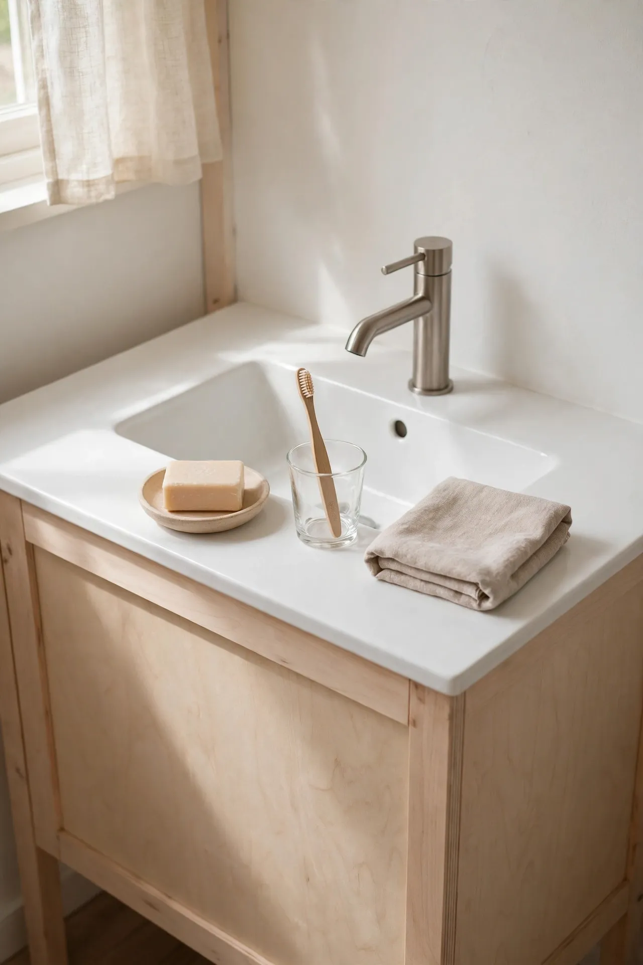 Minimal Scandinavian bathroom sink with only three items on a clear white surface