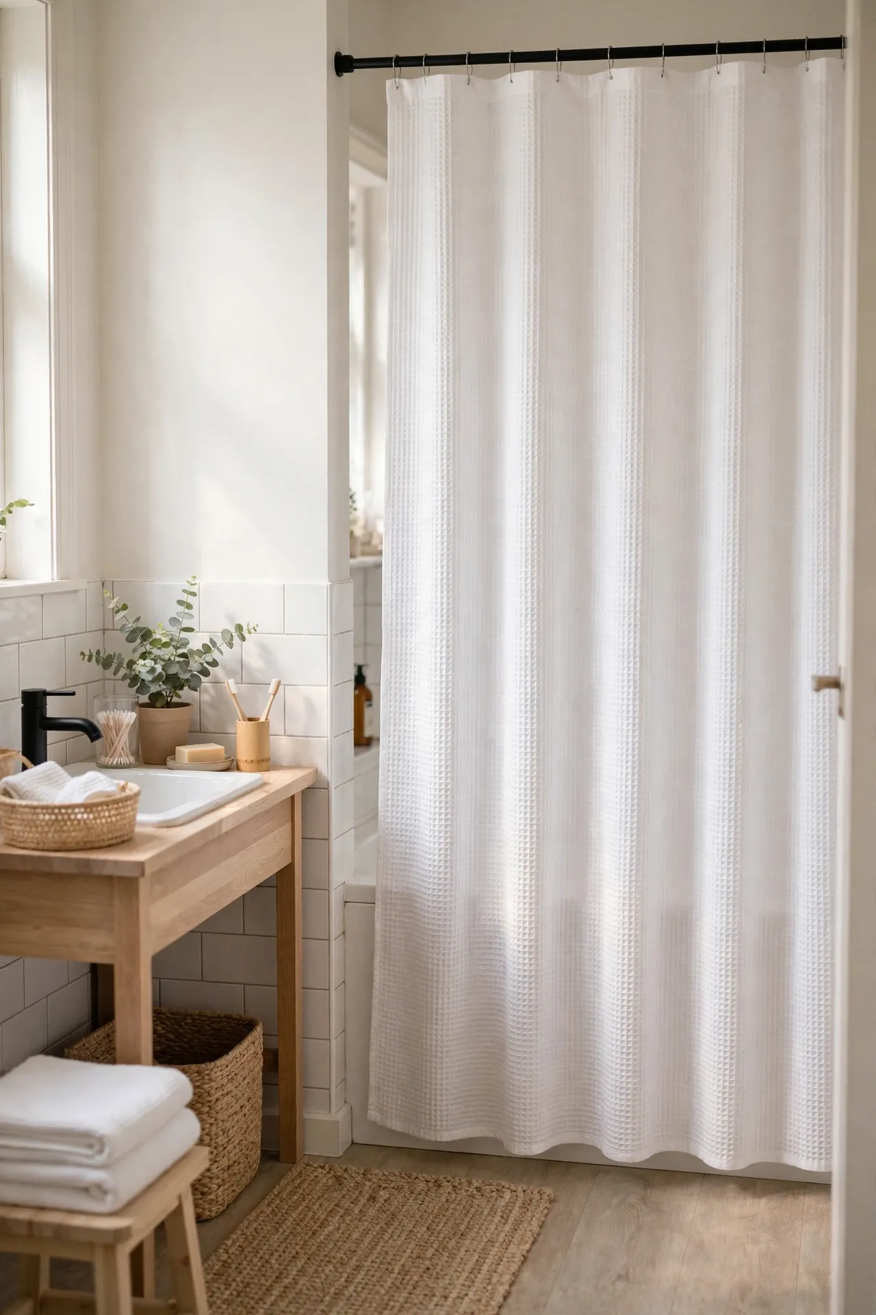 Plain white waffle-weave shower curtain hanging to the floor in a bright bathroom