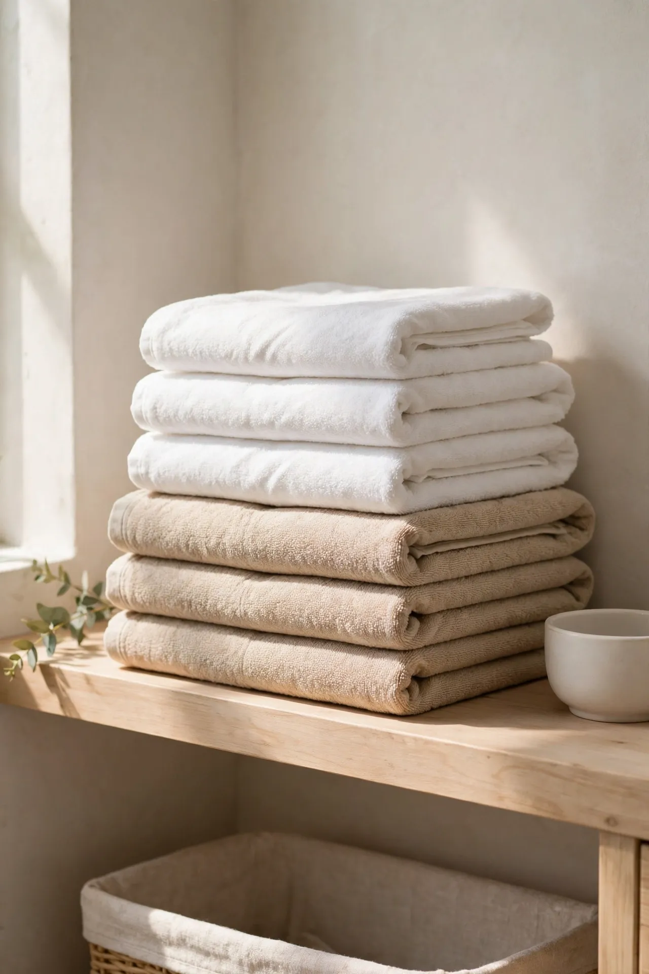 Neatly folded white and oat towels on a bathroom shelf