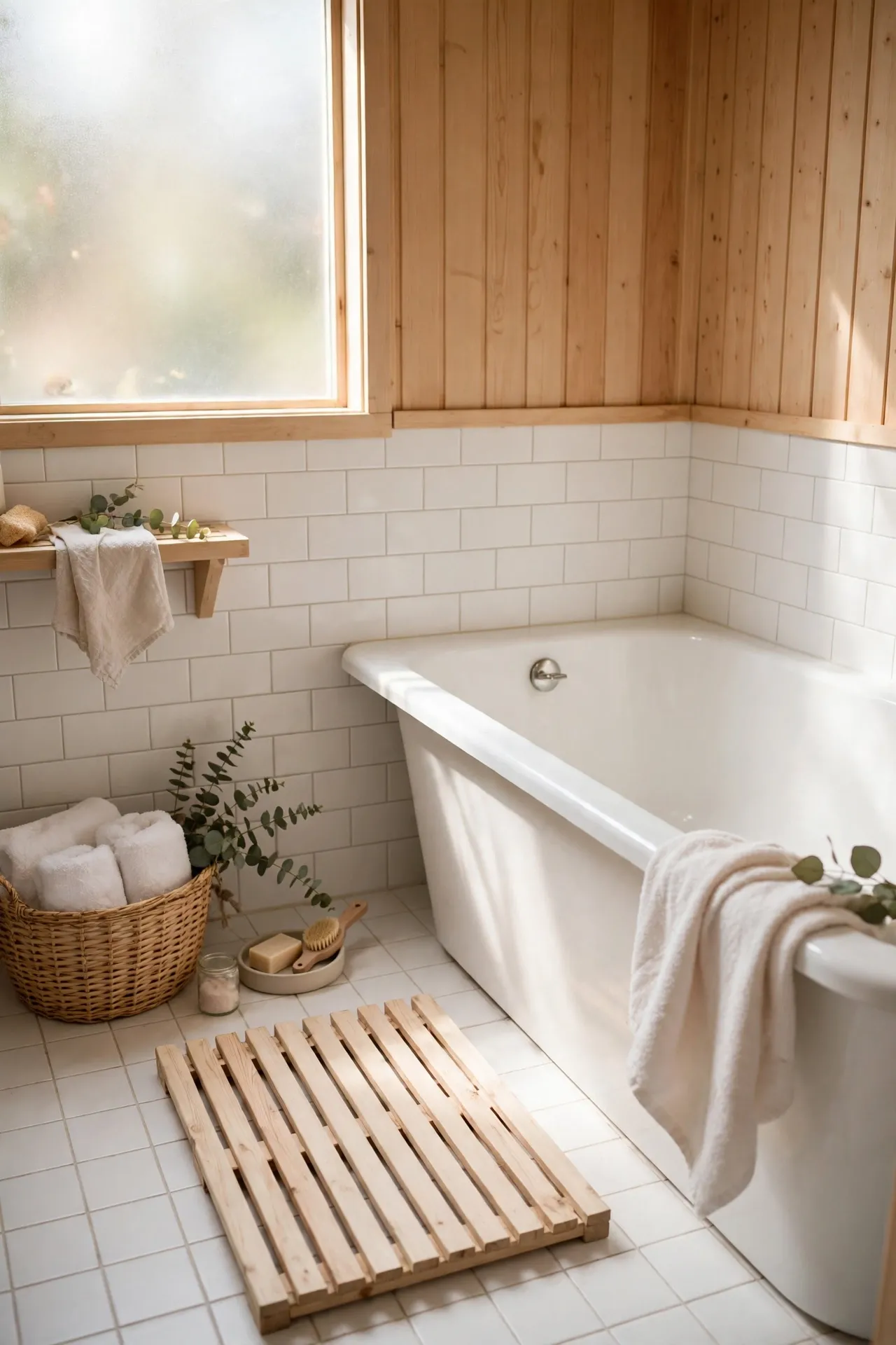 Pale wood slatted bath mat beside a white bathtub
