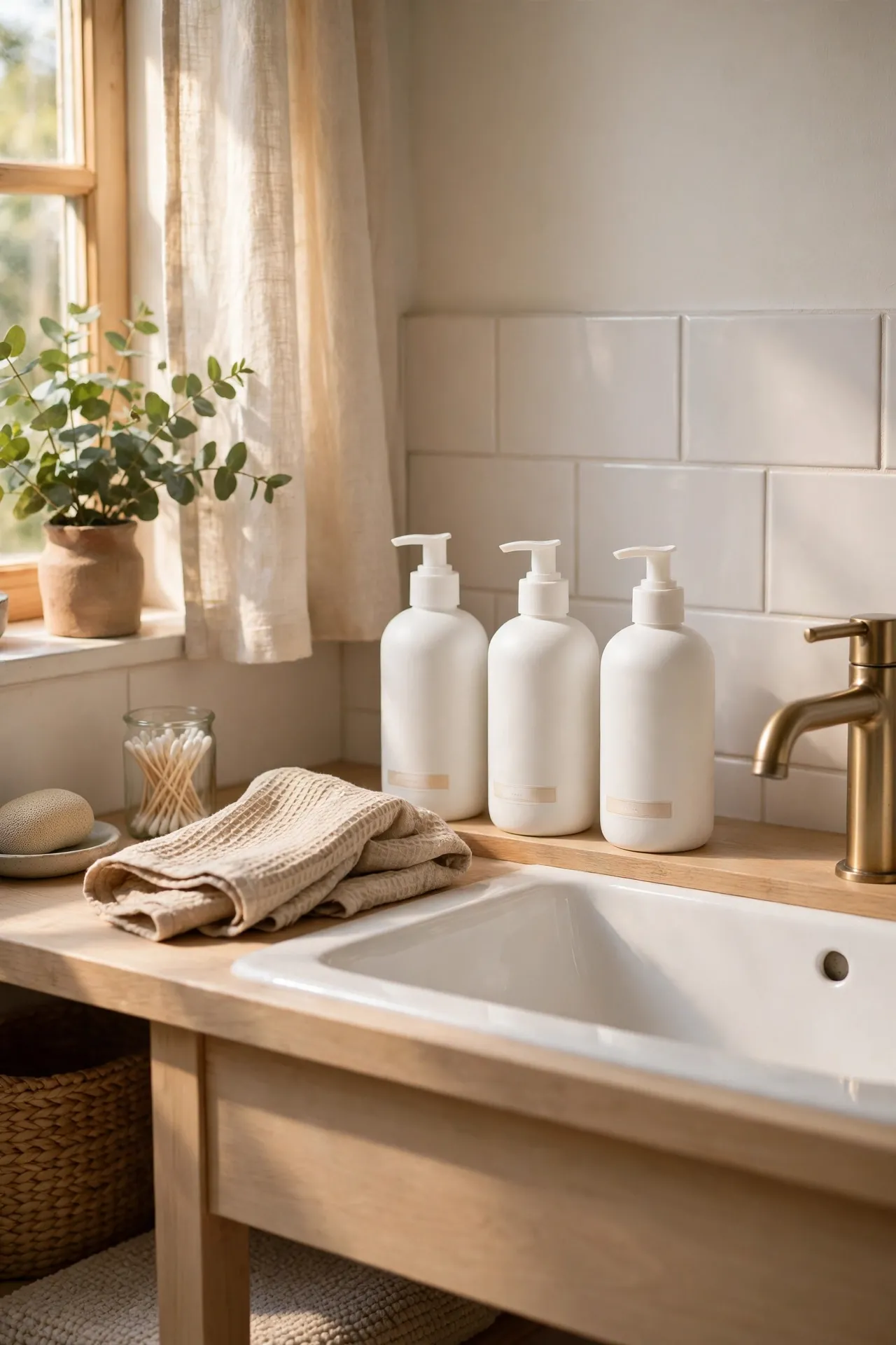 Matching plain white pump bottles lined up on a bathroom sink ledge