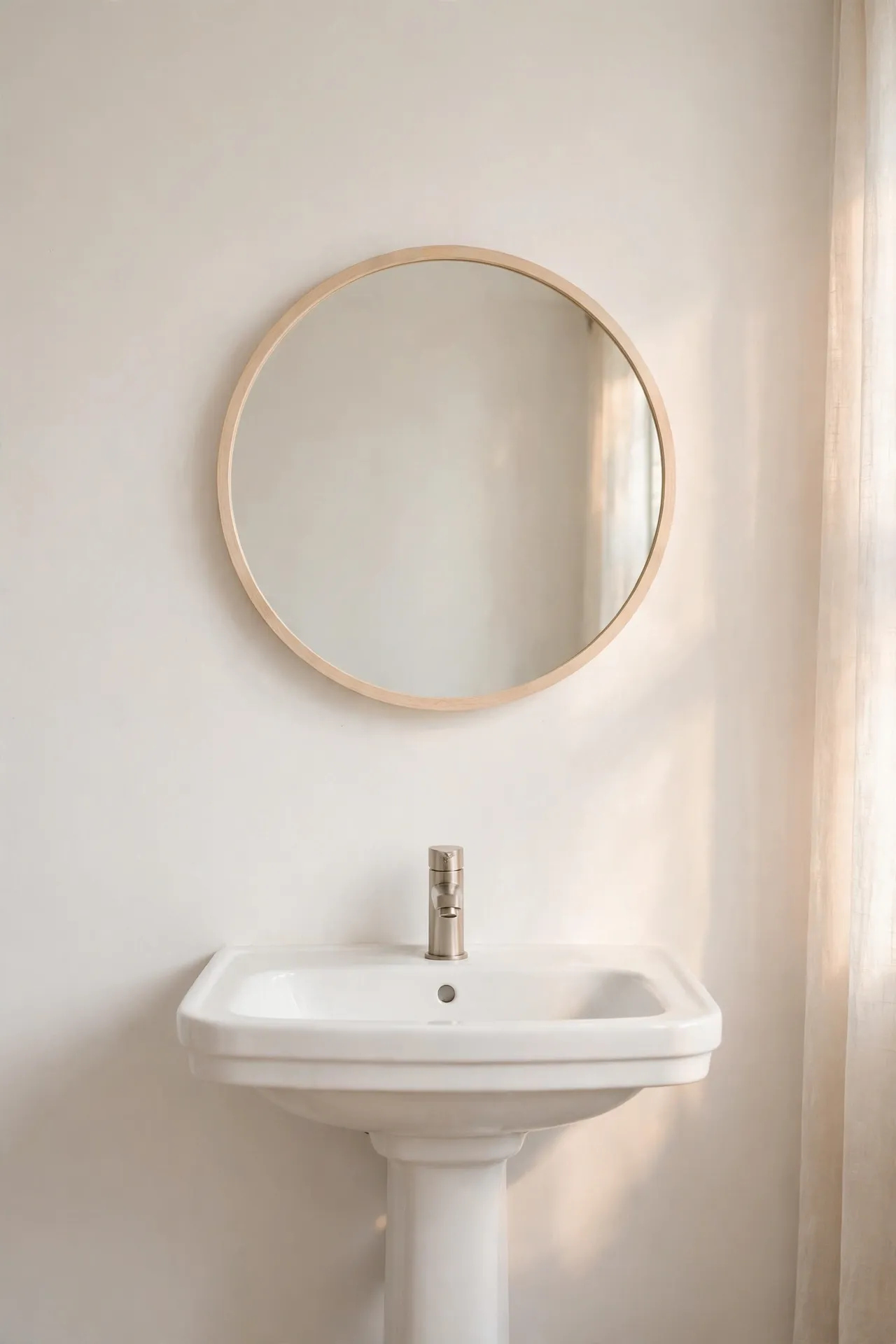 Round mirror with a thin pale wood frame above a white bathroom sink