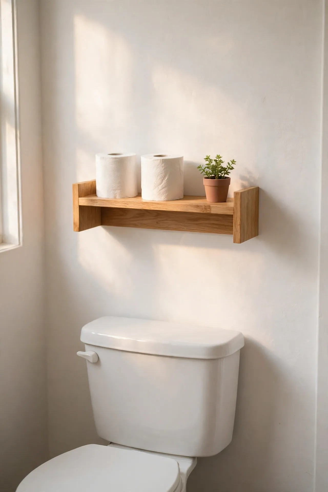 Small light oak shelf above a toilet holding spare rolls and a tiny plant