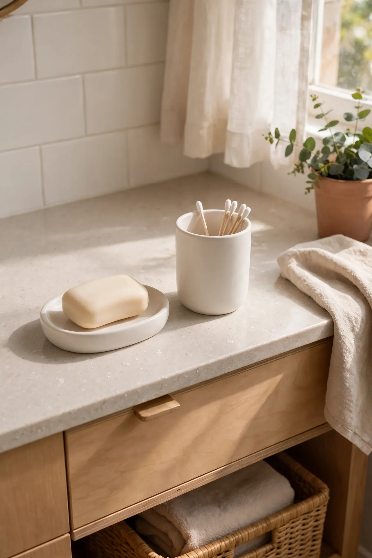 Matching white ceramic soap dish and tumbler on a bathroom vanity