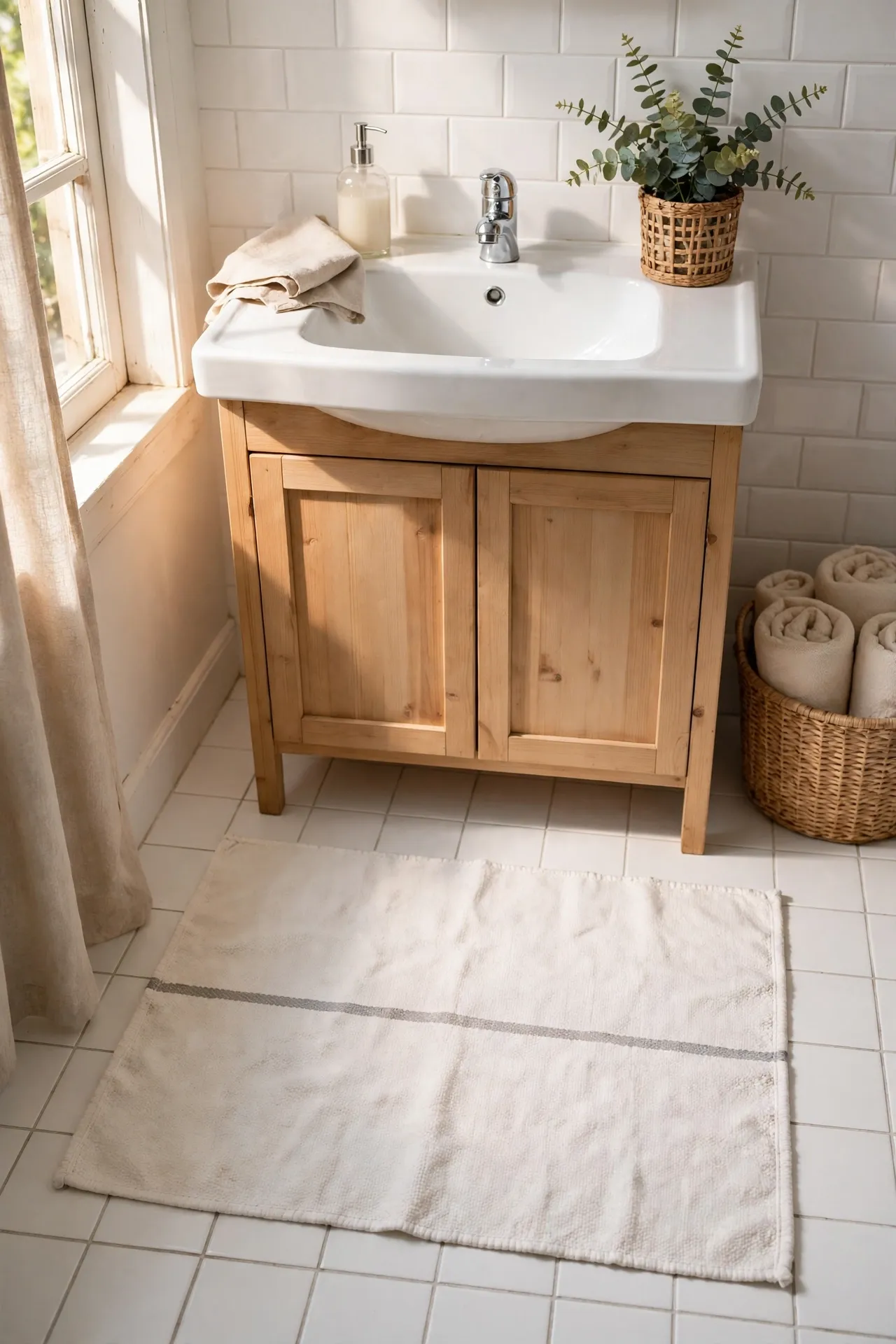 Flat-weave white cotton rug with a thin grey stripe in front of a bathroom sink