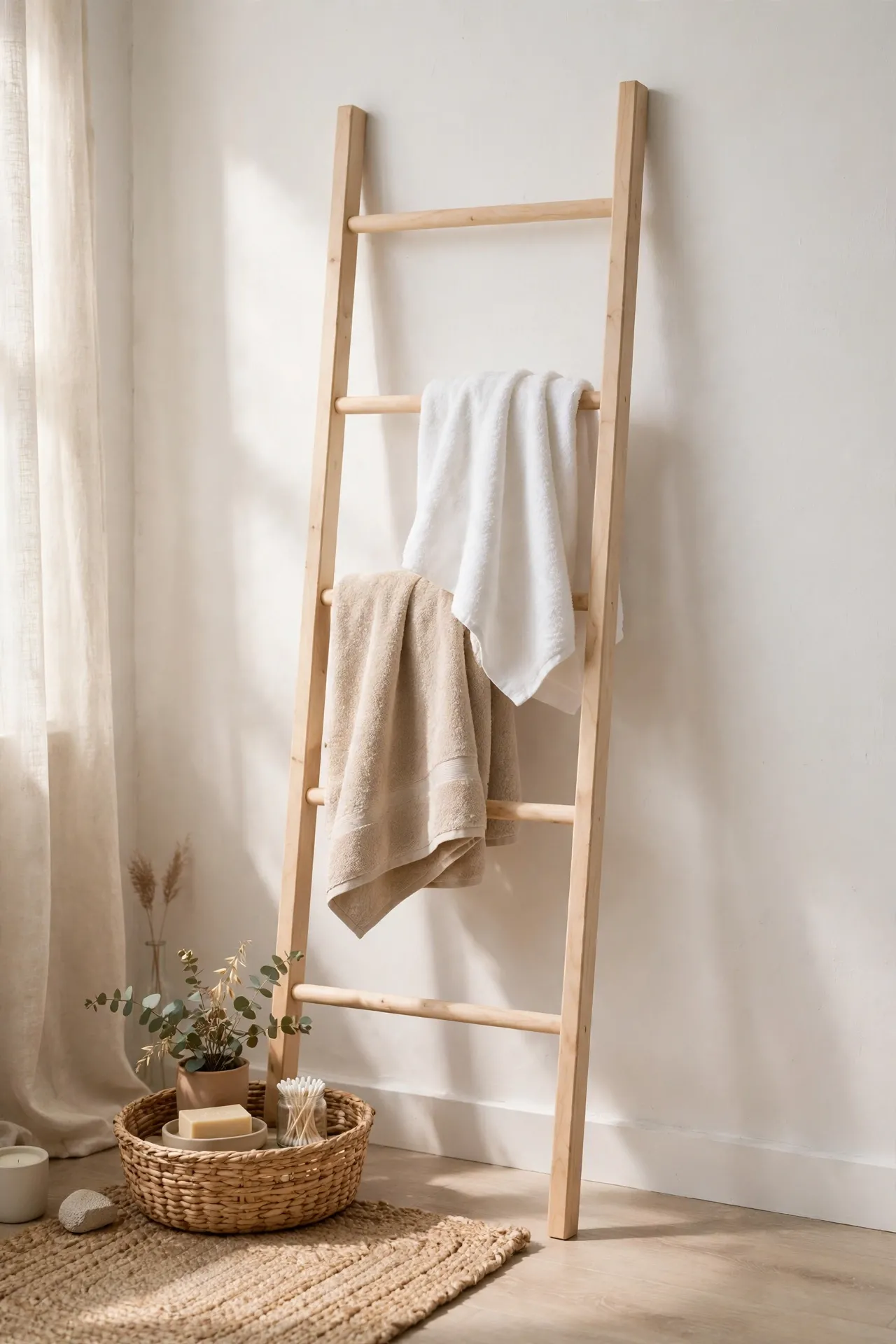 Pale birch towel ladder leaning against a white bathroom wall with white towels