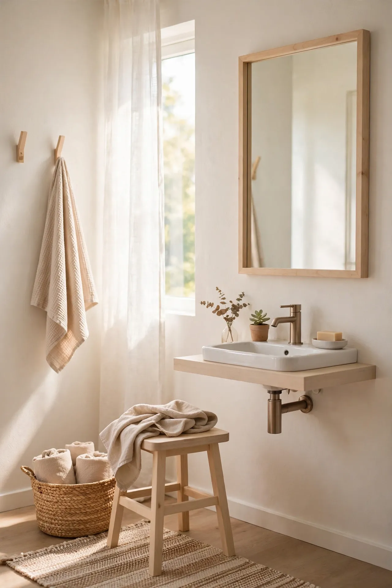 Bright bathroom with warm white walls, pale wood accents and soft daylight