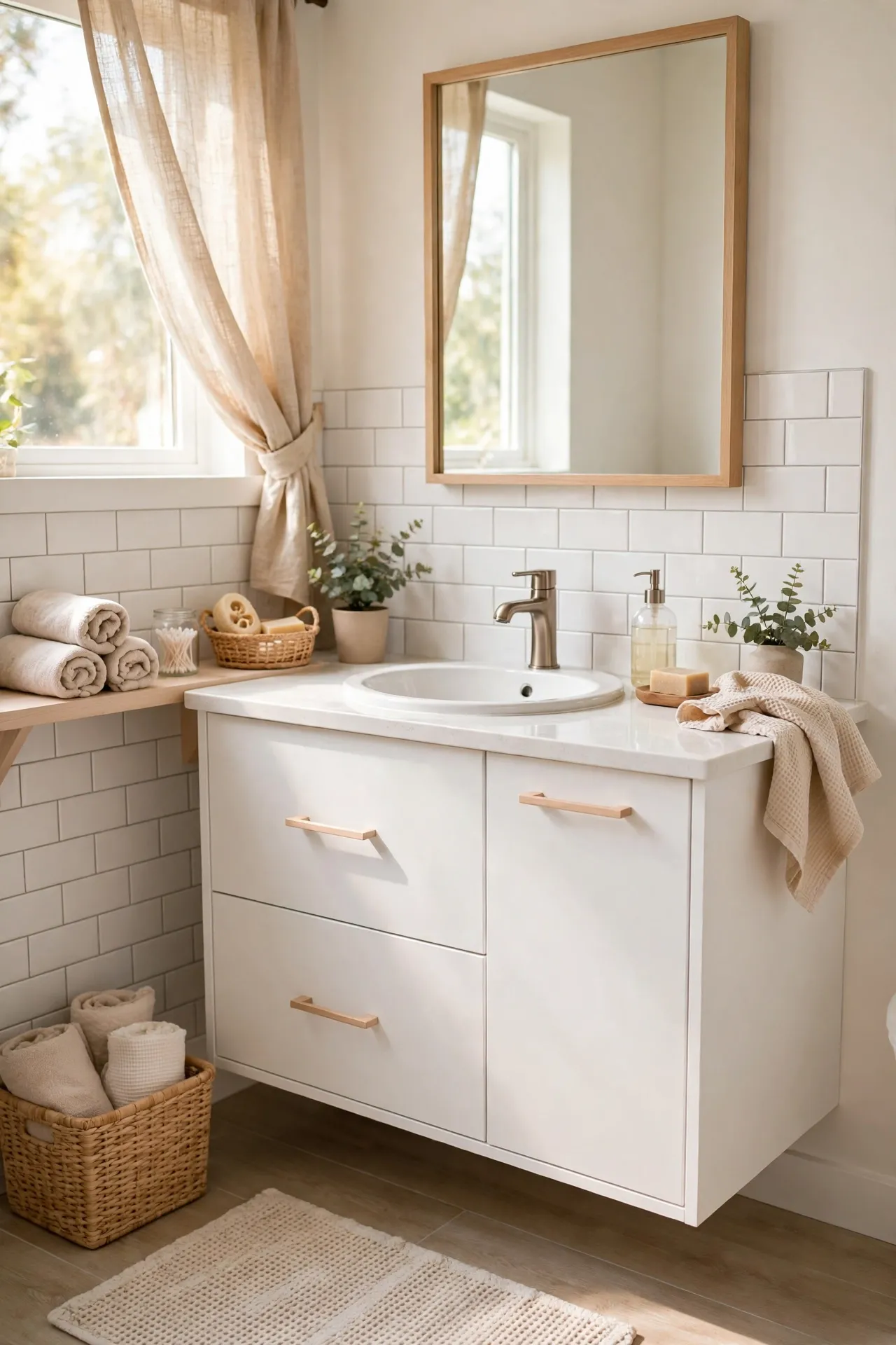 White bathroom vanity with slim pale wood cabinet pulls