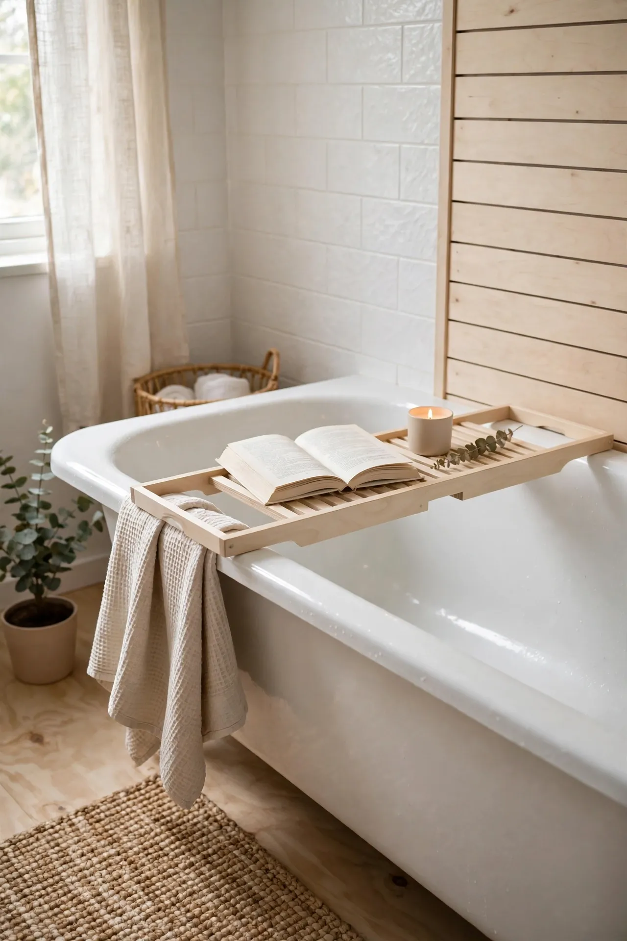 Pale birch bath caddy across a bathtub with a book and a candle