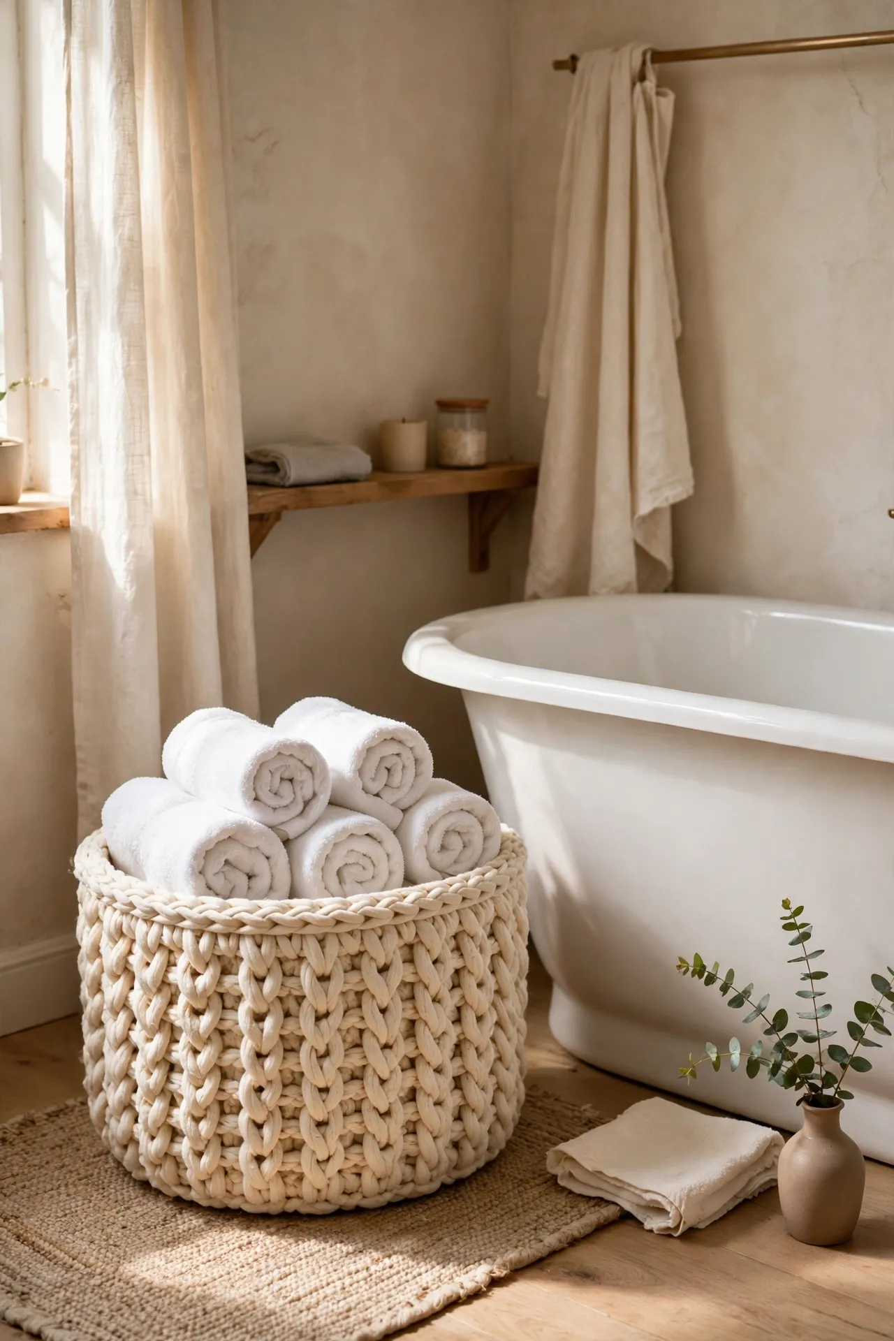 Chunky cream knit basket holding rolled white towels beside a bathtub