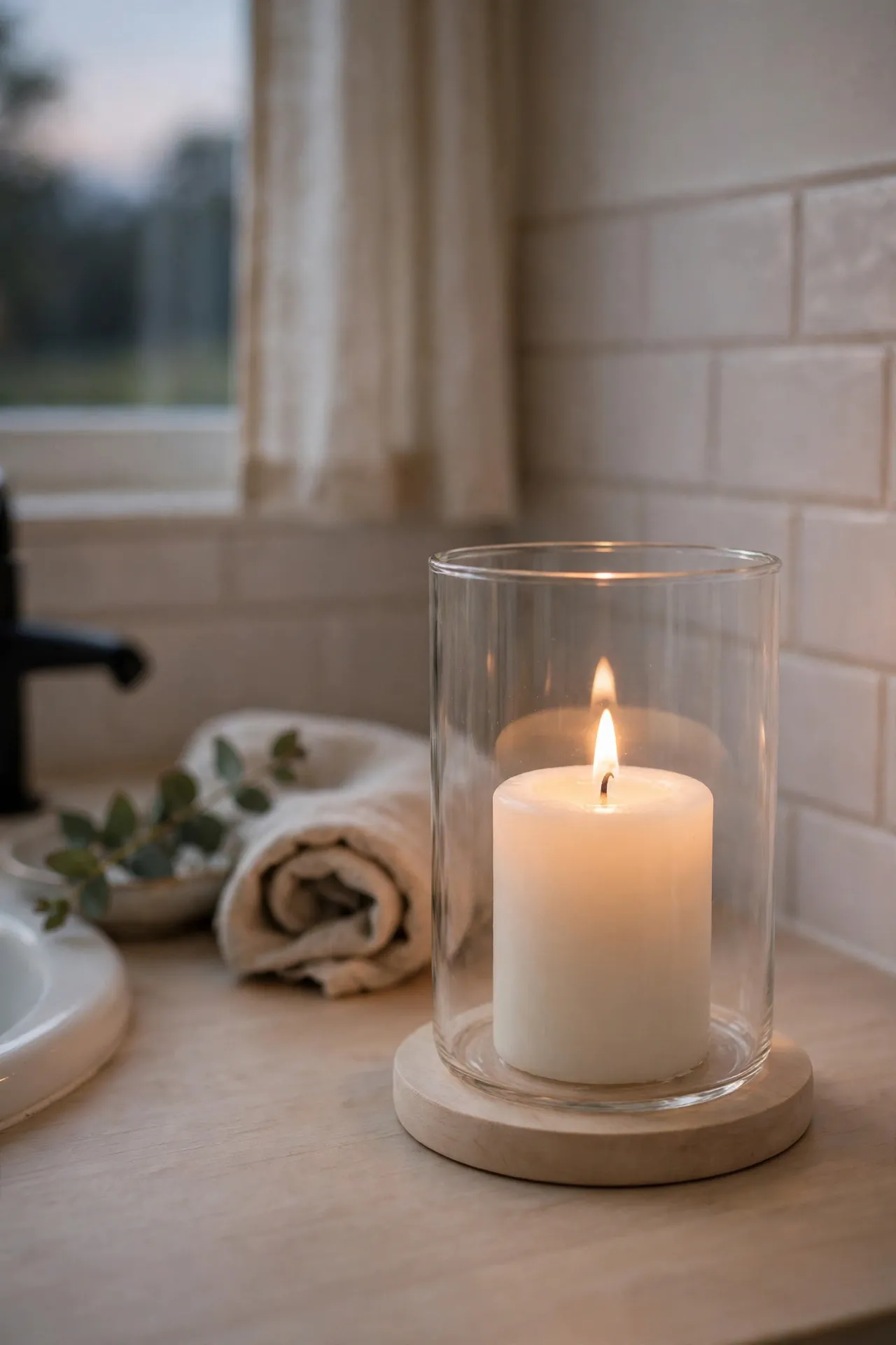Plain white pillar candle in a glass hurricane on a pale wood coaster in a bathroom