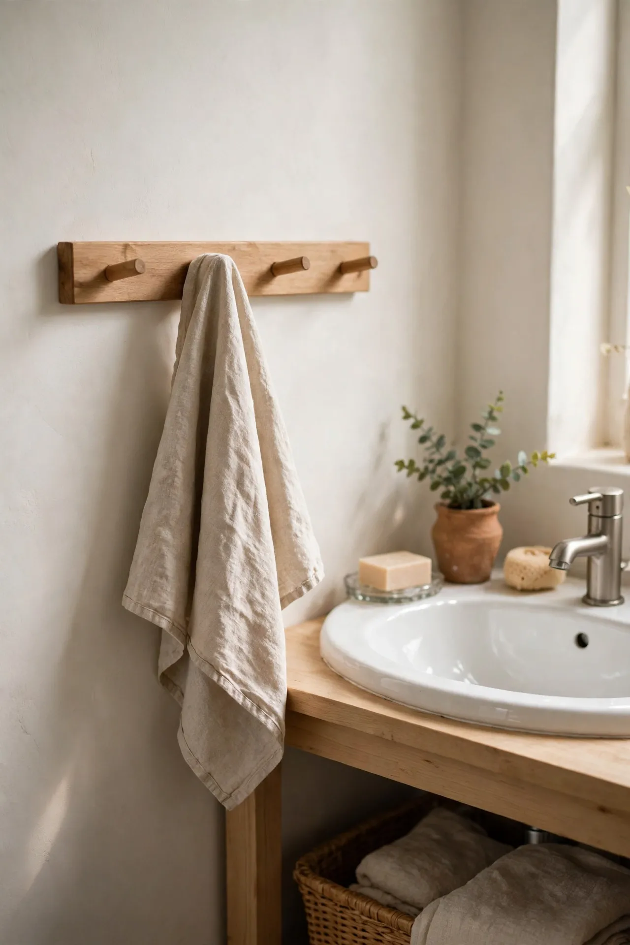 Wooden peg rail beside a bathroom sink with a washed linen hand towel