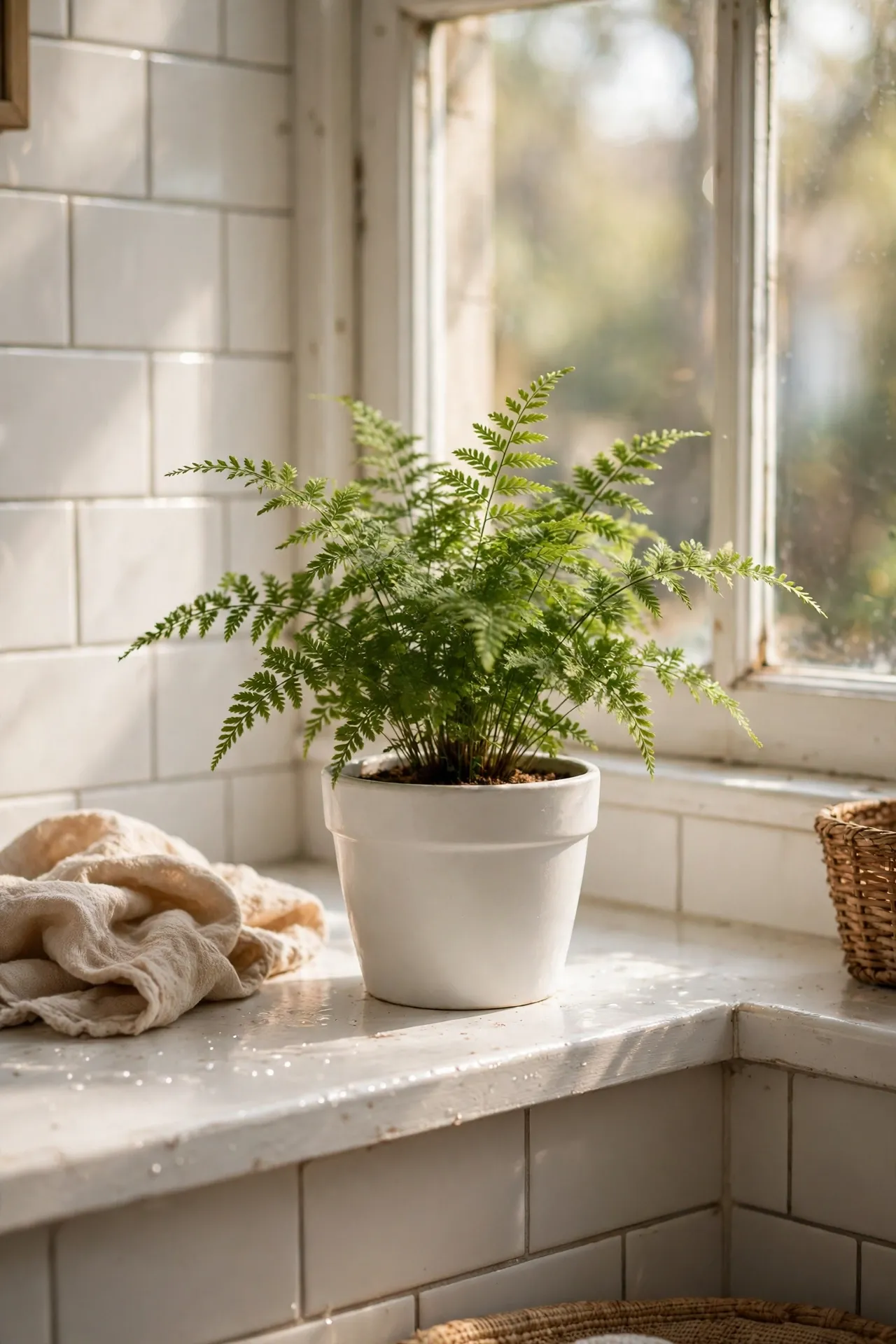 Small potted fern in a white ceramic pot on a bright bathroom windowsill