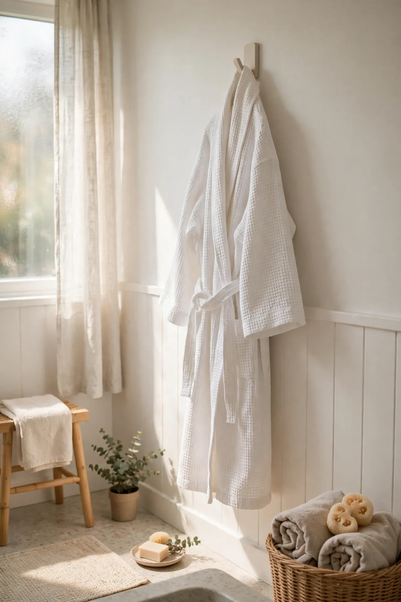 White waffle-weave robe hanging on a pale wood wall hook in a bathroom