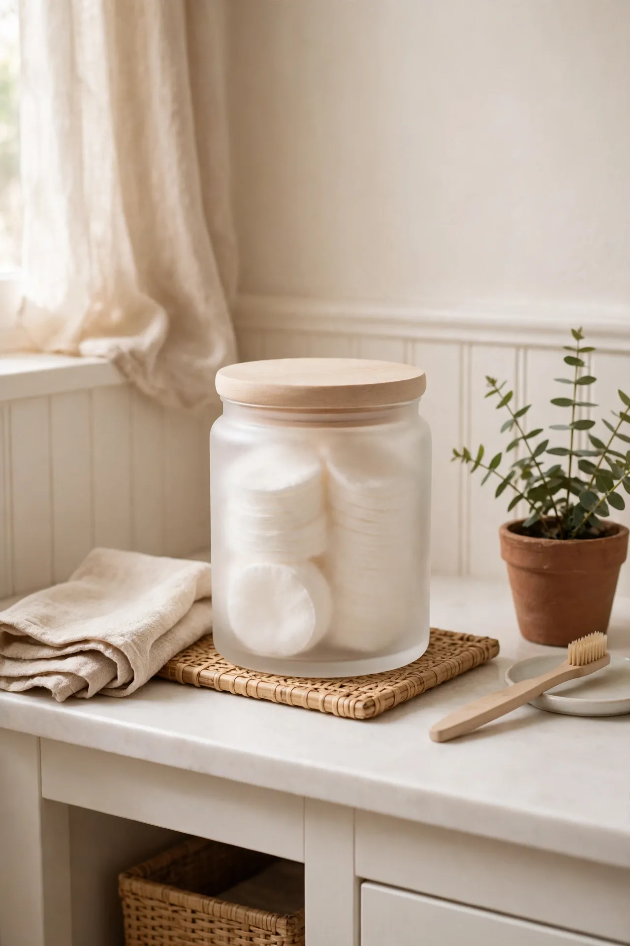 Frosted glass jar with a pale wood lid holding cotton pads on a vanity