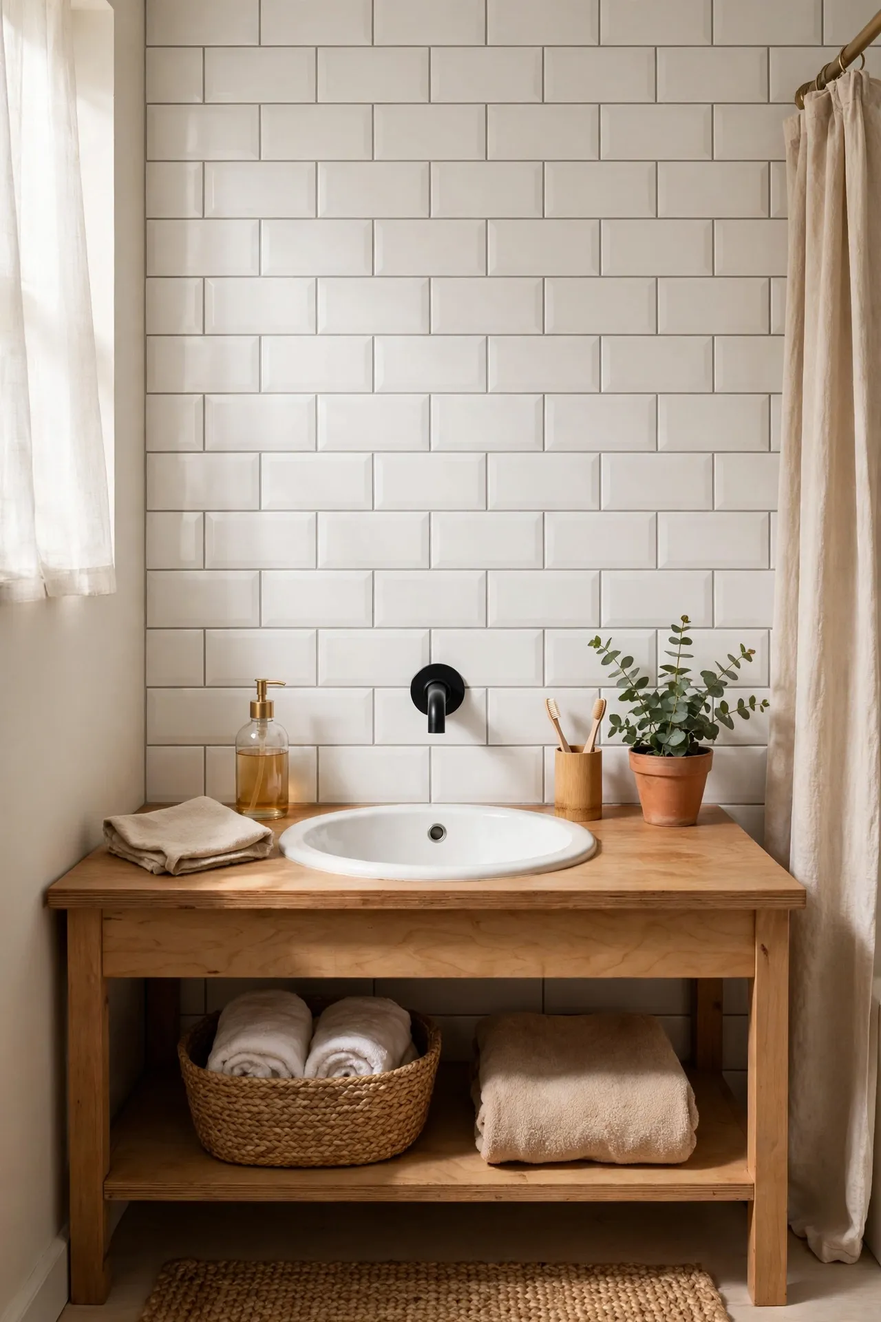White subway-style peel-and-stick tiles on a bathroom splashback behind a sink
