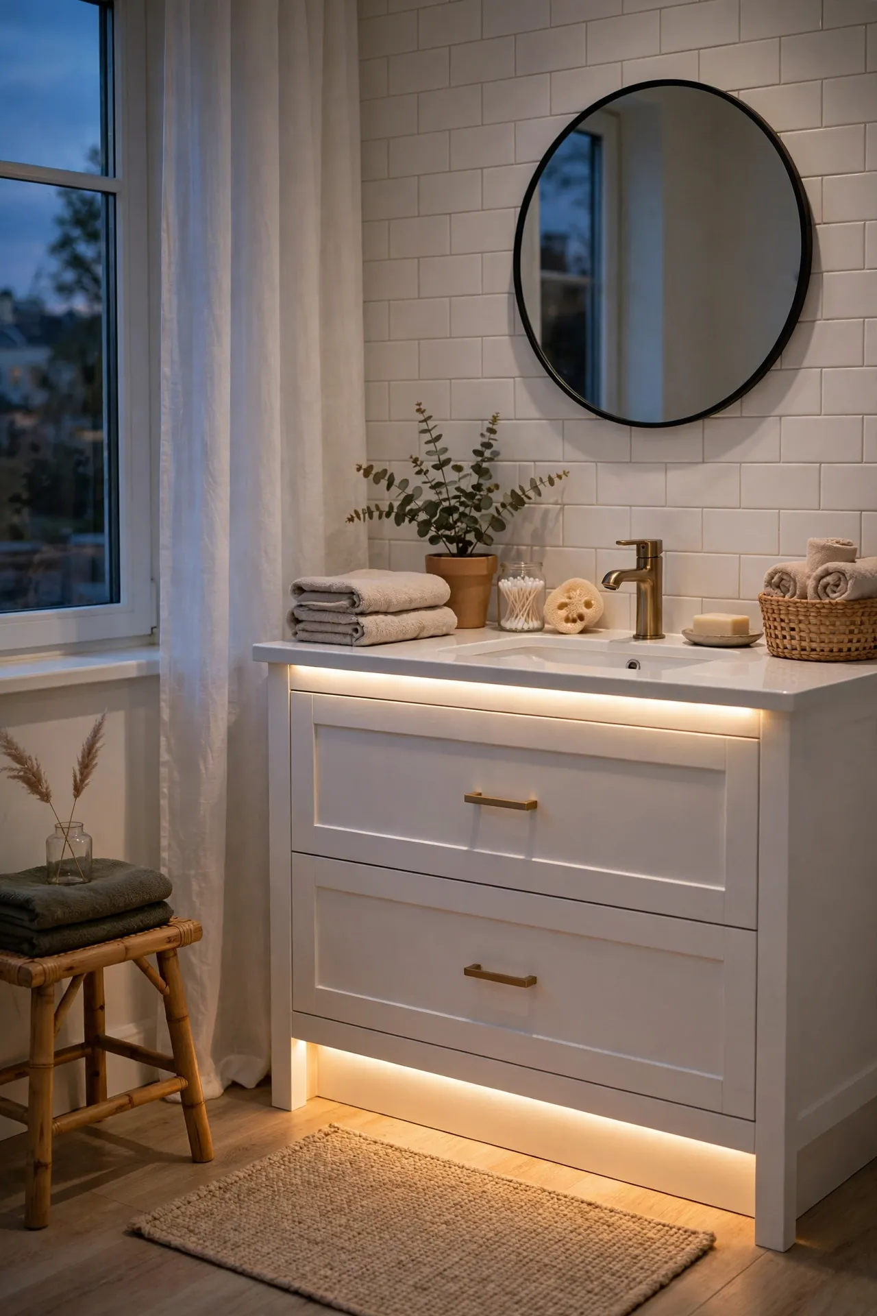 Warm LED strip glowing softly under a white bathroom vanity in the evening