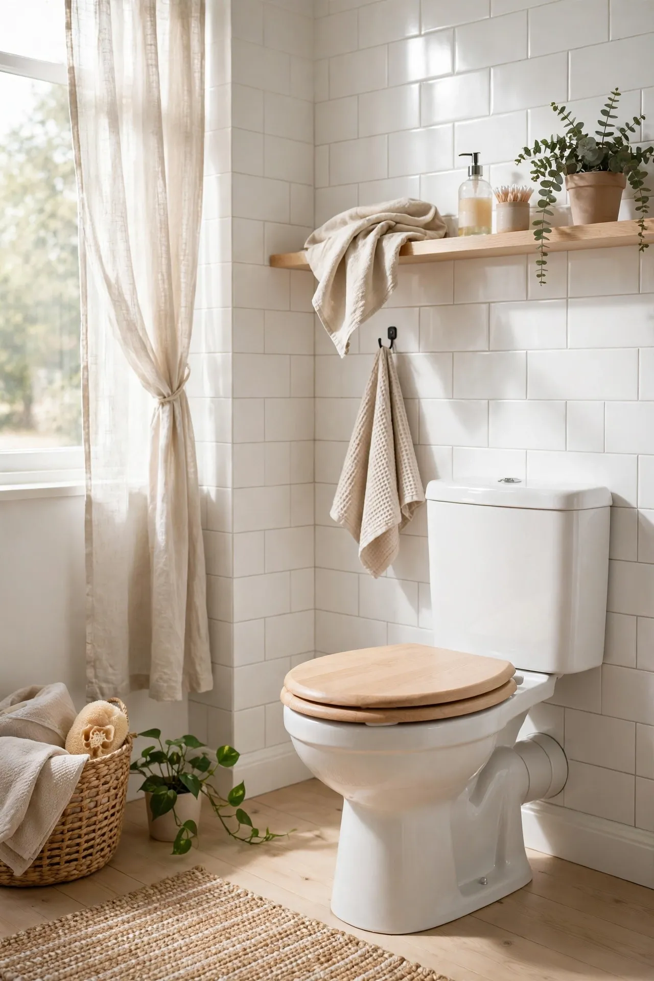 White toilet with a pale oak wooden seat in a bright bathroom