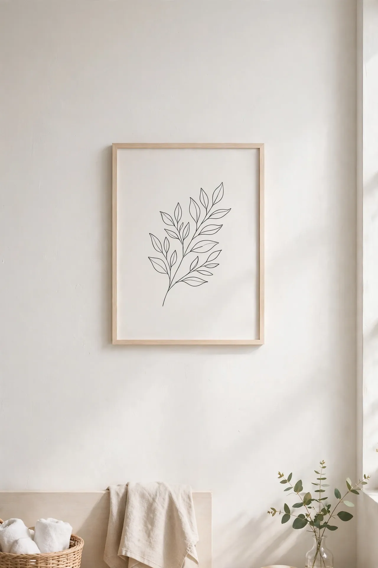 Minimal black line-art print in a thin pale wood frame on a white bathroom wall
