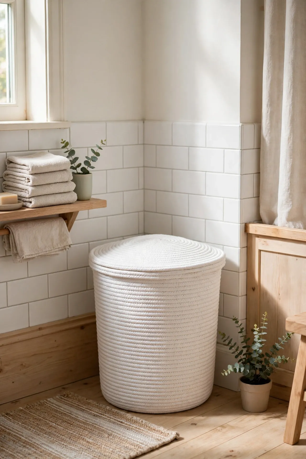 White woven cotton-rope hamper with a lid in a bright bathroom corner