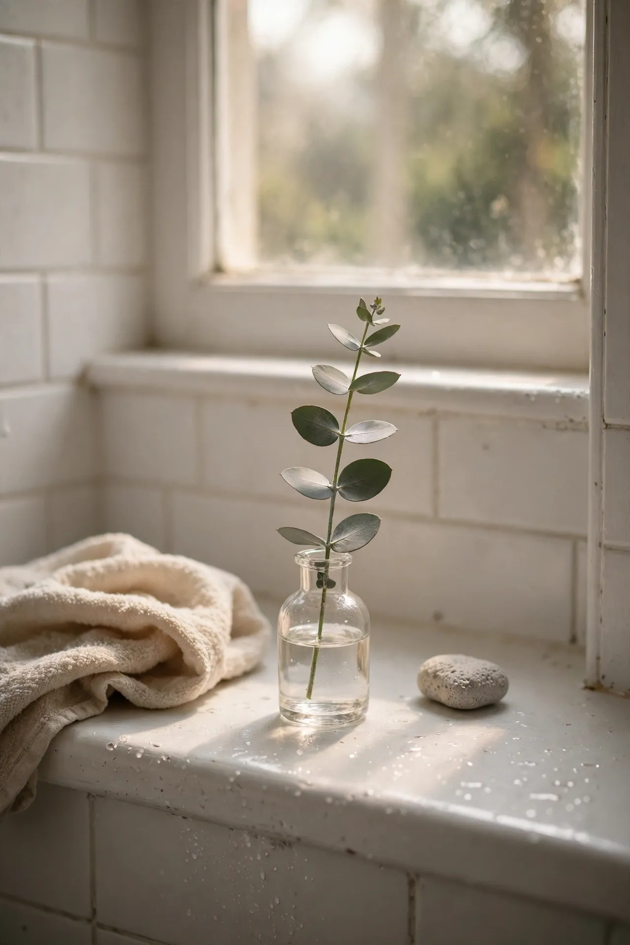 Single eucalyptus sprig in a tiny bud vase on a bathroom windowsill