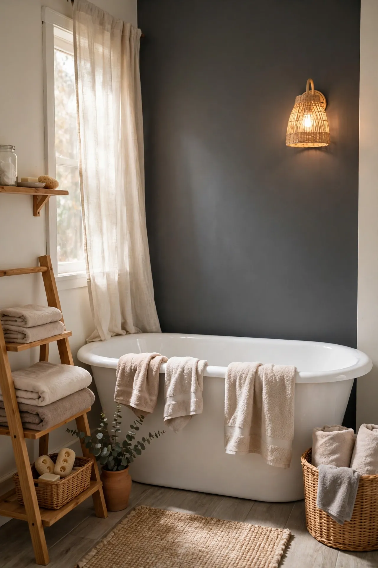 Bathroom with one charcoal gray accent wall behind a white tub and mirror