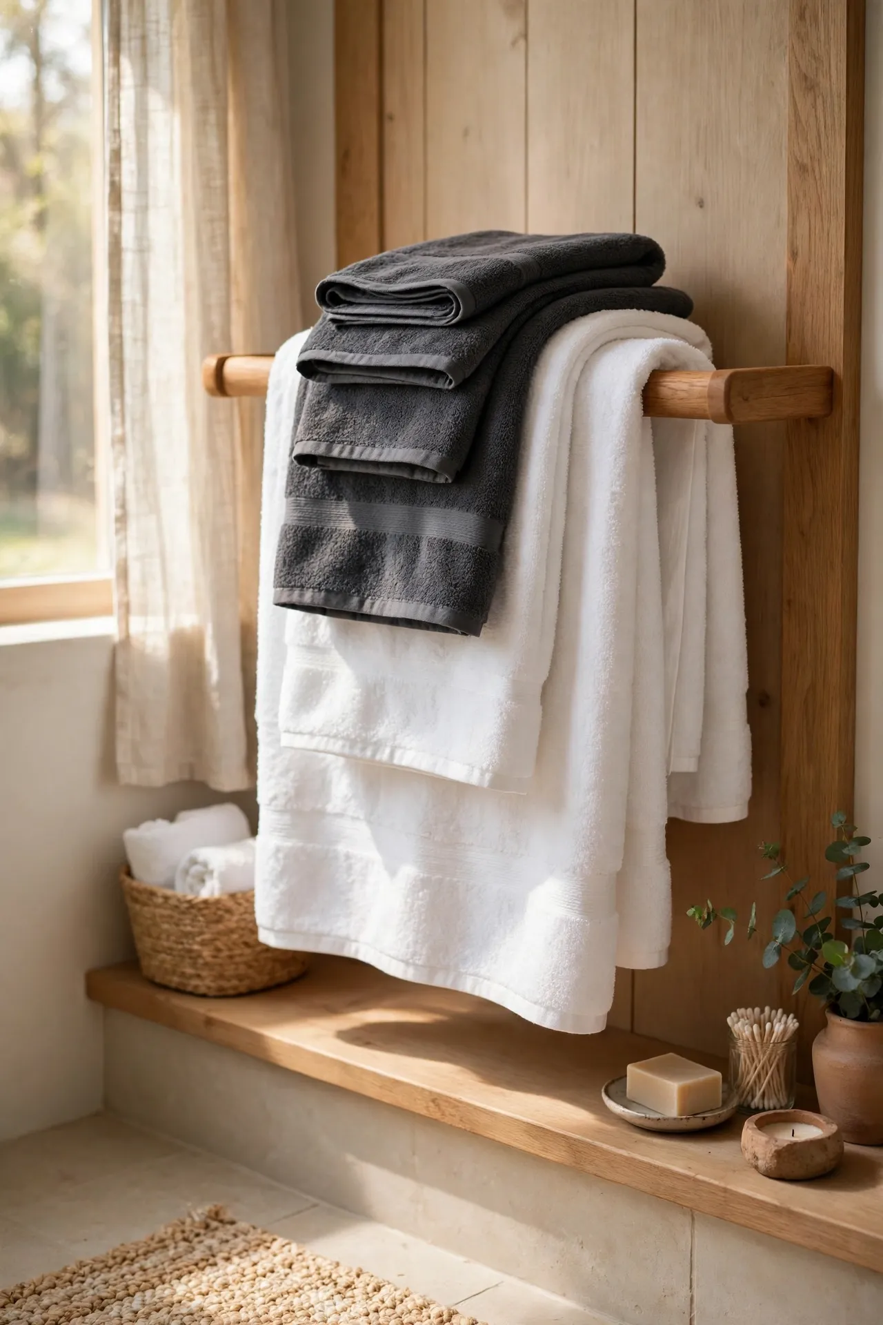 Charcoal hand towels layered over white bath towels on a bathroom towel rail