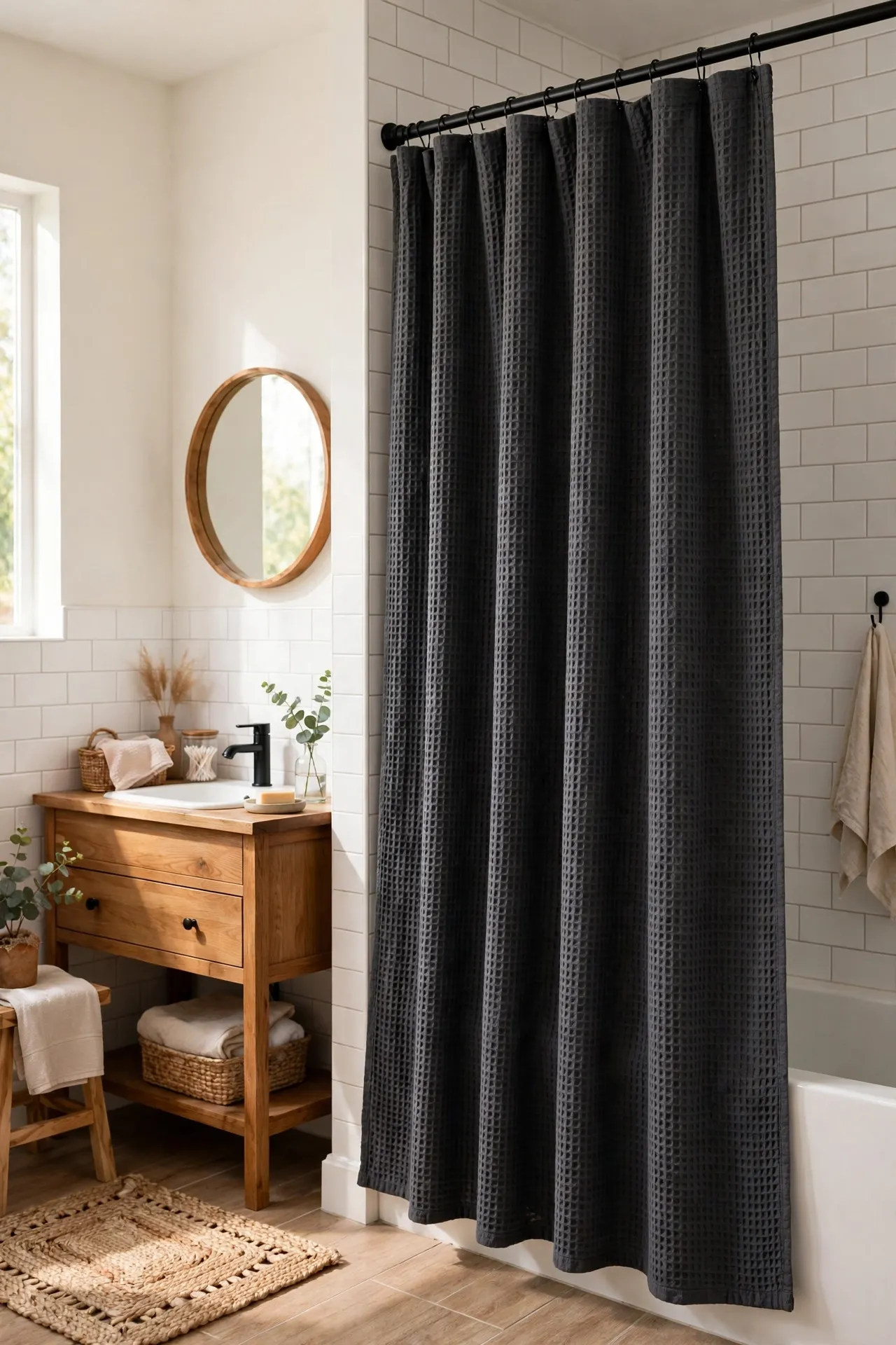 Heavy charcoal waffle shower curtain hanging in a bright spa-like bathroom