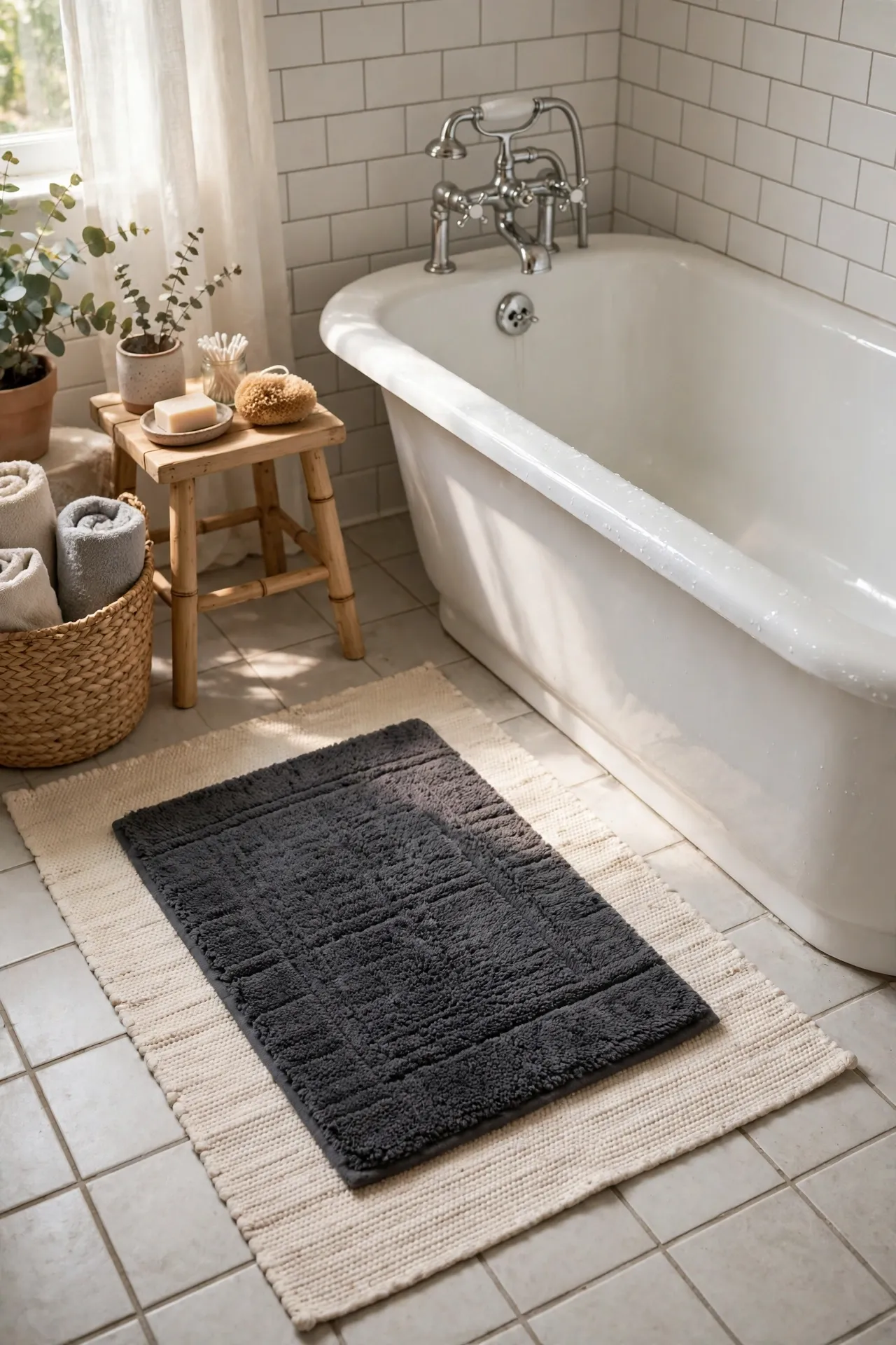 Thick charcoal bath mat layered over a pale washable rug beside a bathtub