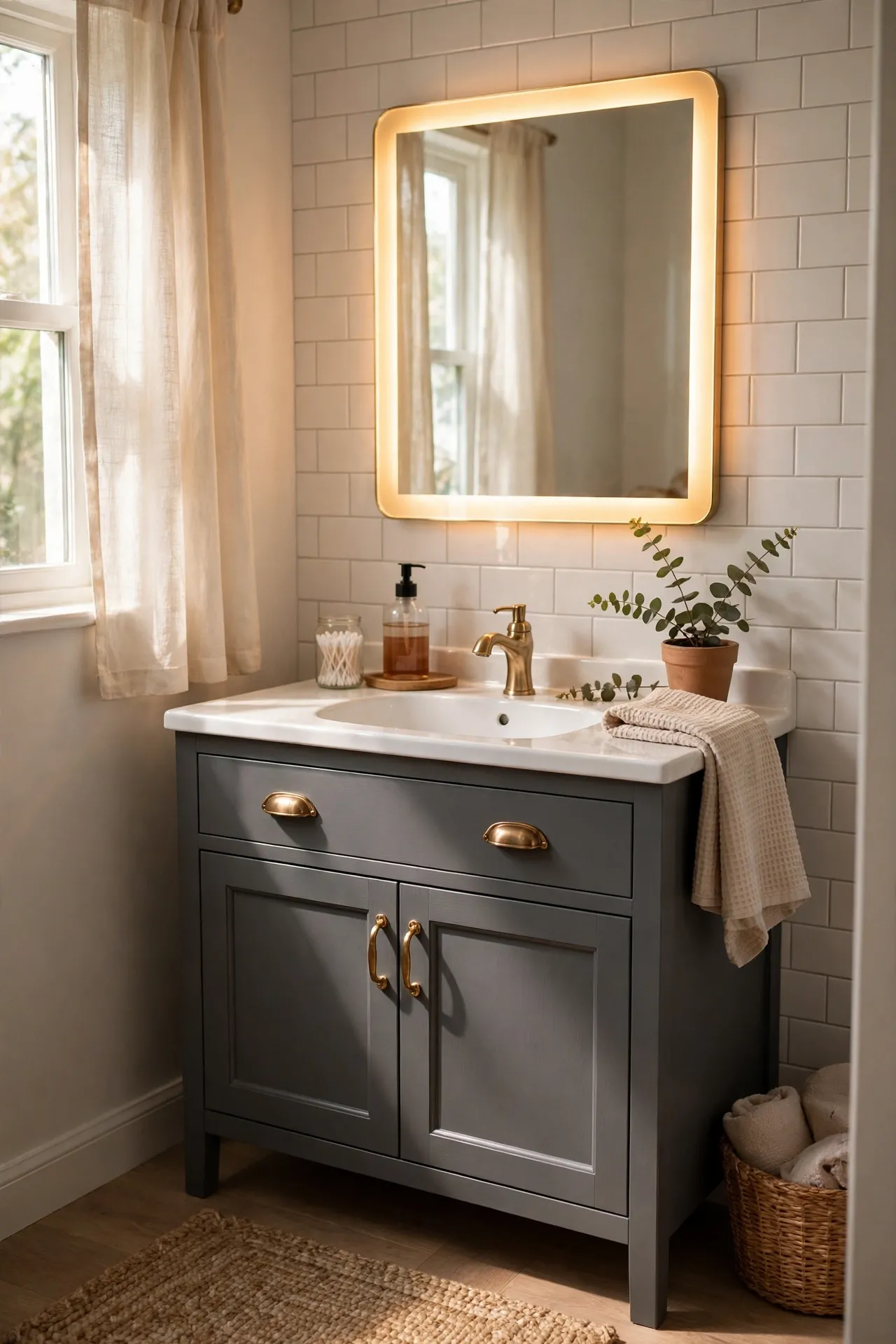 Bathroom vanity painted soft charcoal gray with brass handles and white sink