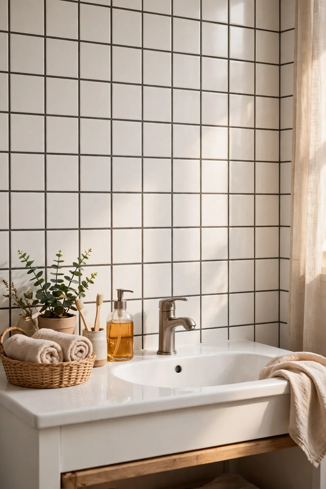 White bathroom tiles with fresh charcoal gray grout lines