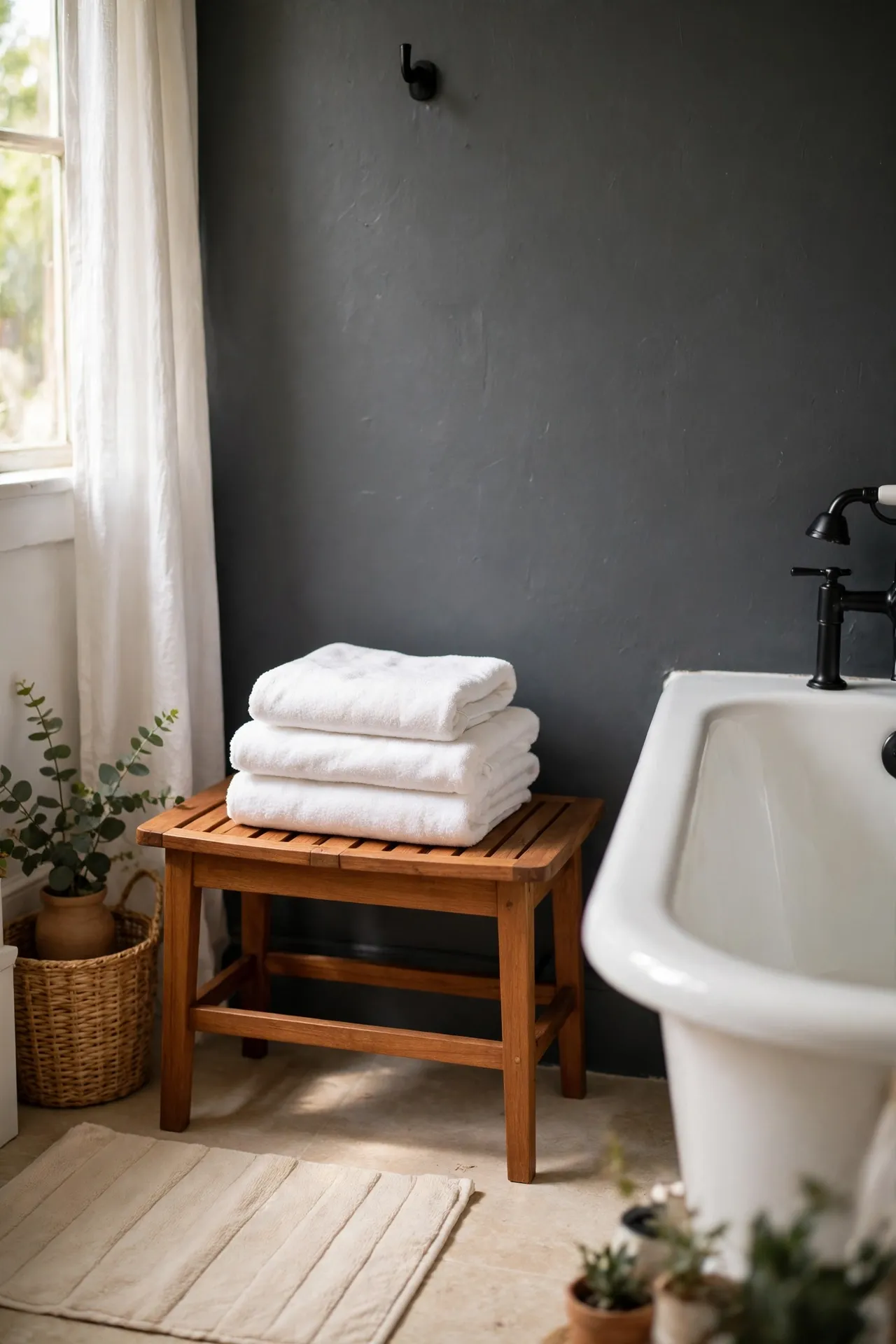 Small teak bench with folded towels beside a charcoal gray bathroom wall