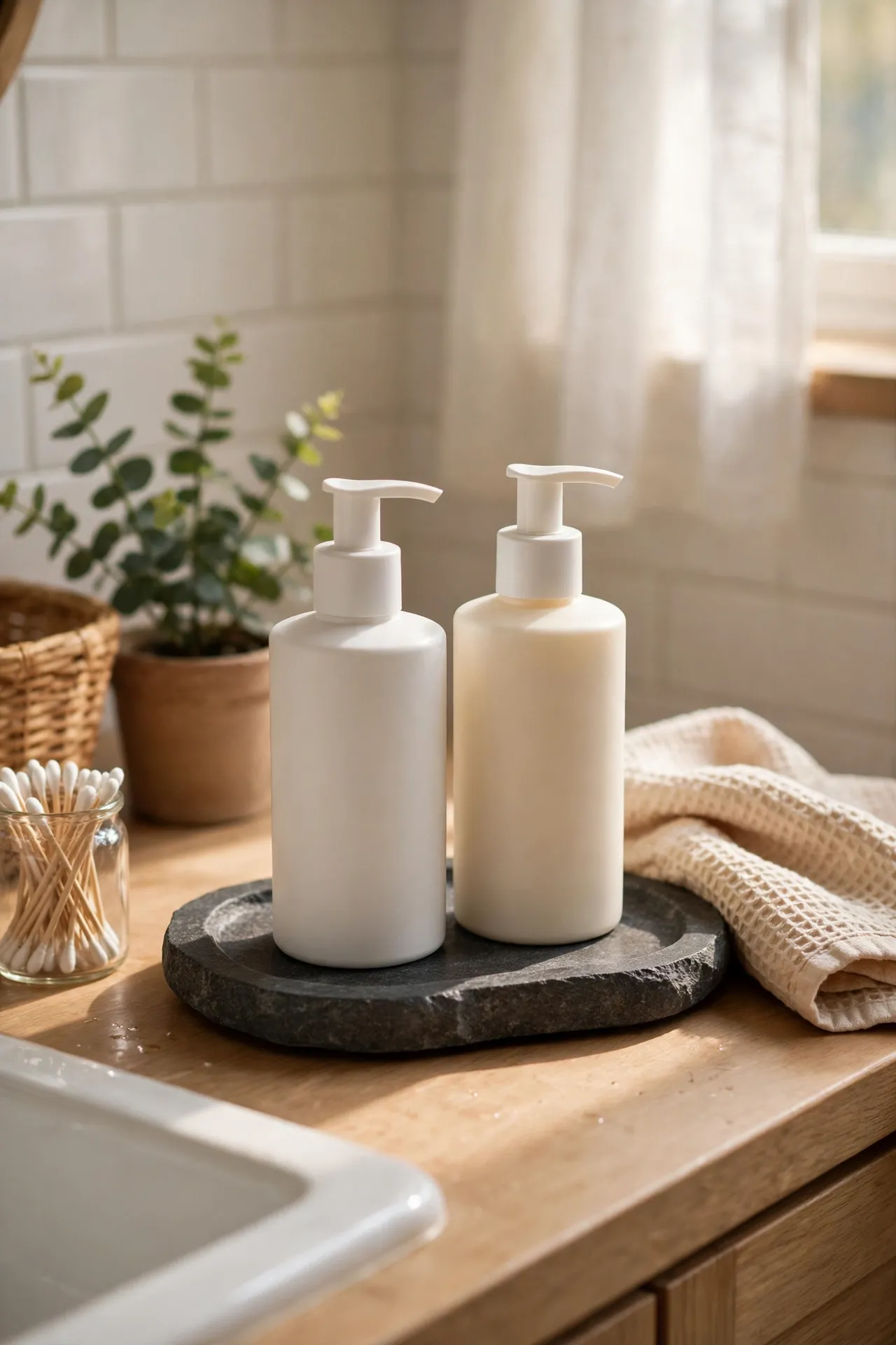 Charcoal stone tray holding matching soap bottles on a bathroom vanity