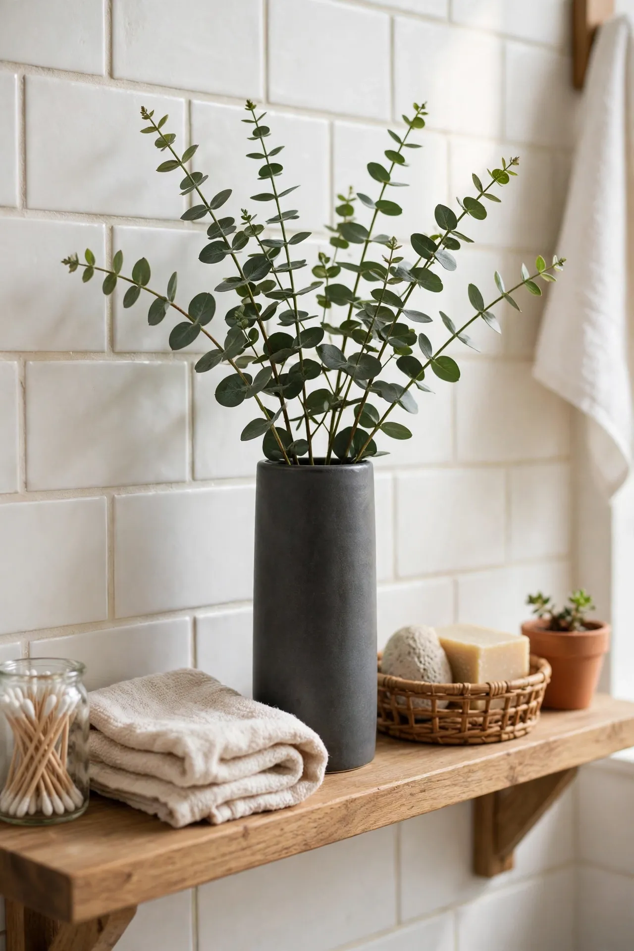 Fresh eucalyptus stems in a matte charcoal ceramic vase on a bathroom shelf