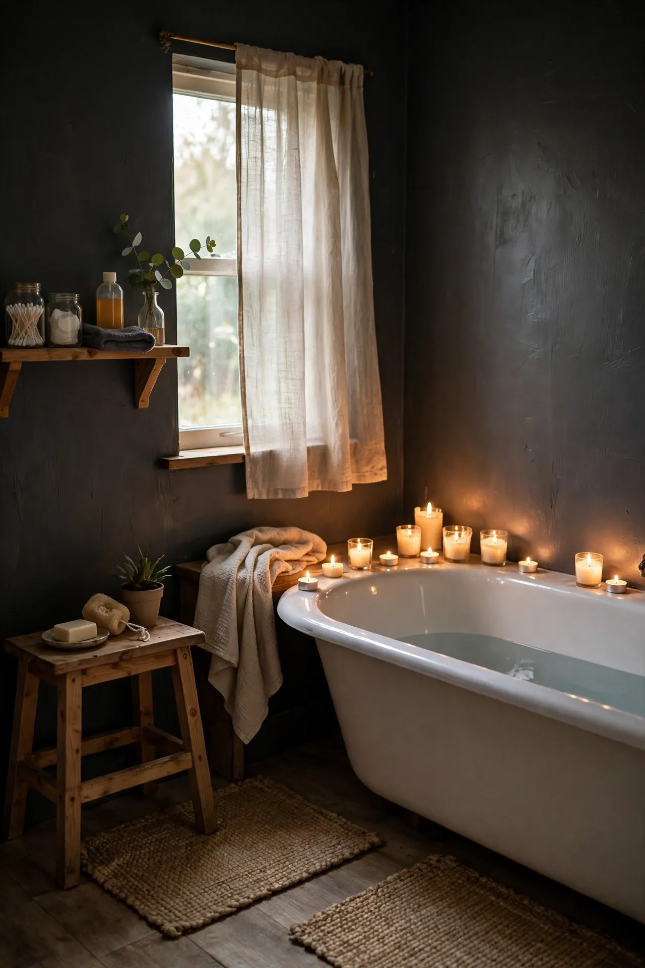 Bathroom glowing with warm dim lighting and candles beside the tub