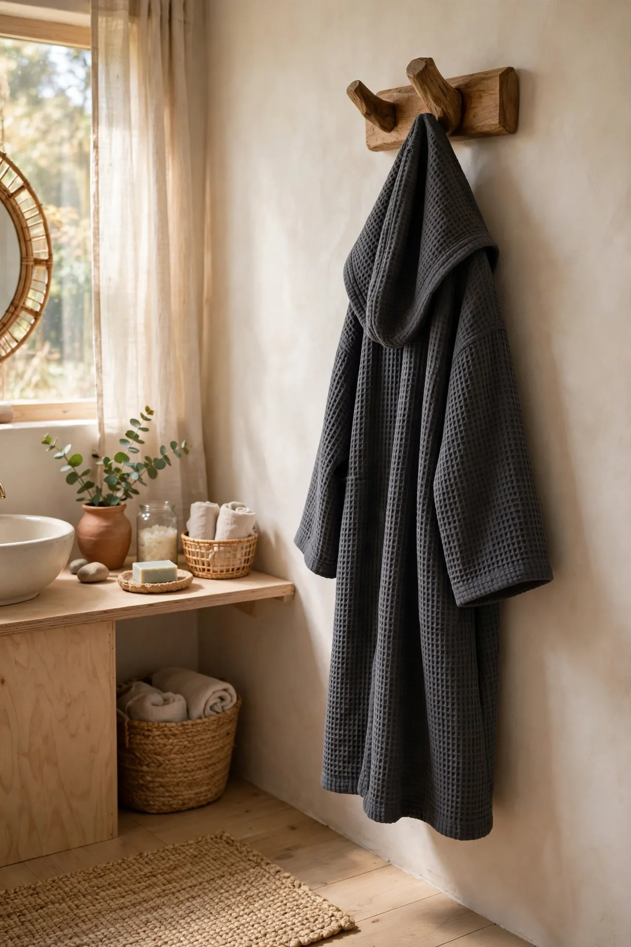 Charcoal waffle robe hanging on a wooden hook in a spa-like bathroom