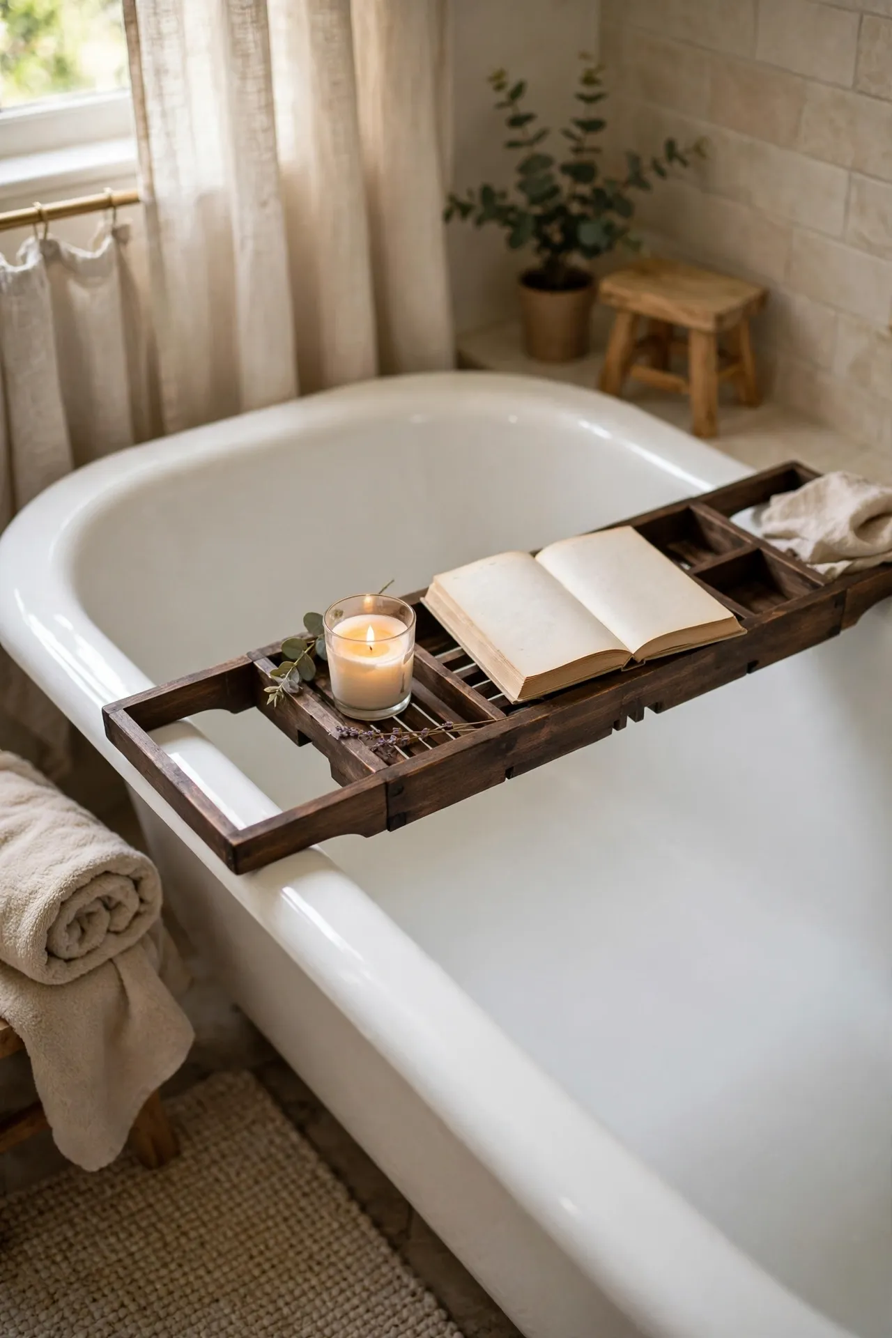 Dark wooden bath caddy with a candle and book across a bathtub