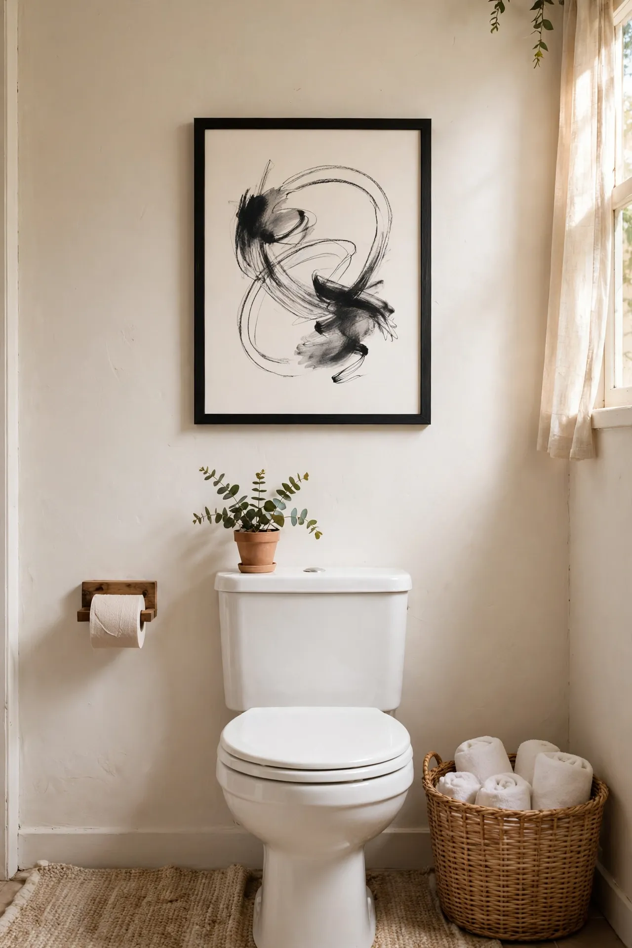 Simple charcoal abstract print in a black frame on a bathroom wall