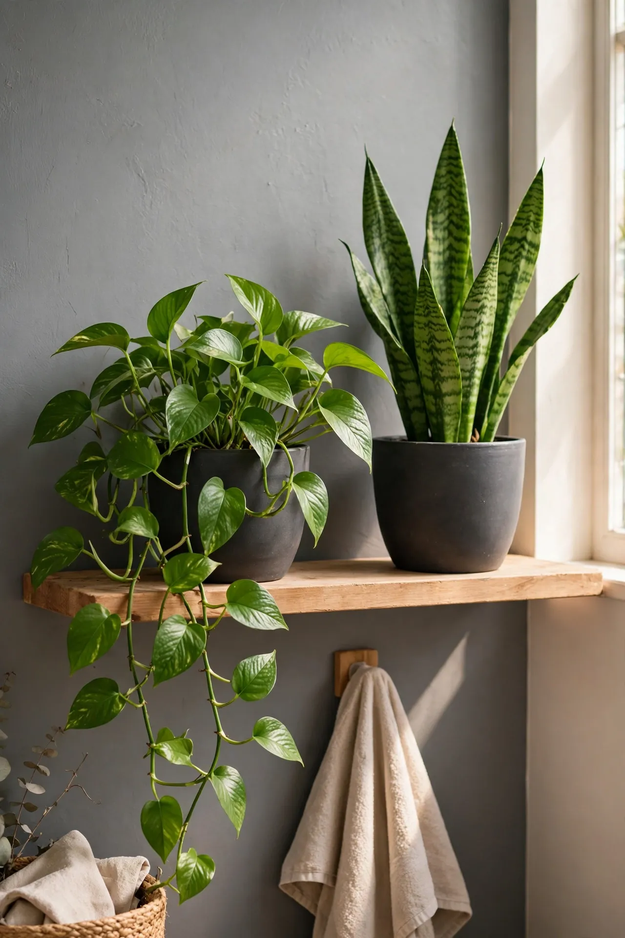 Green pothos and snake plant in charcoal pots against a gray bathroom wall