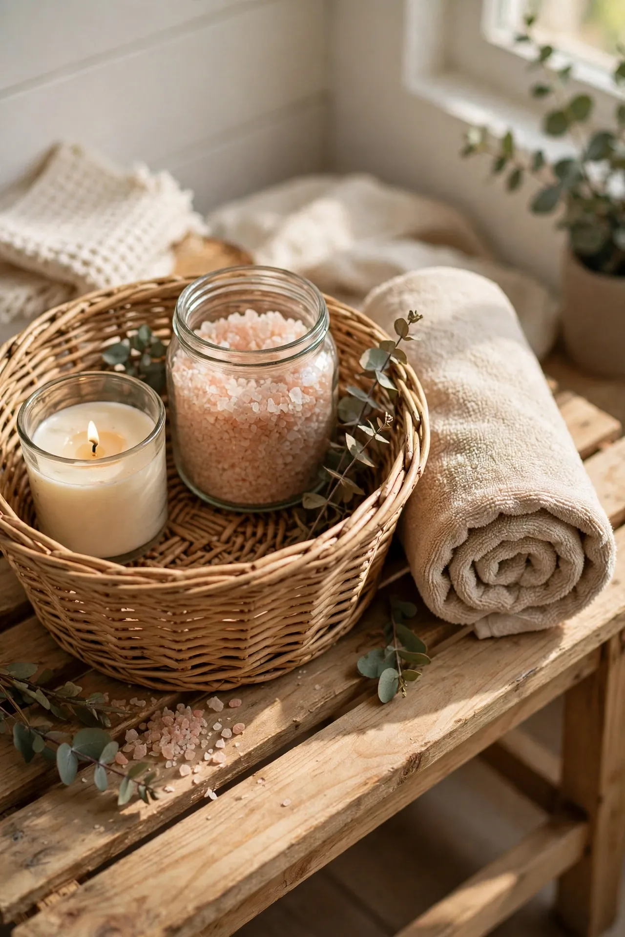 Woven spa basket with candle, bath salts and towel on a bathroom bench