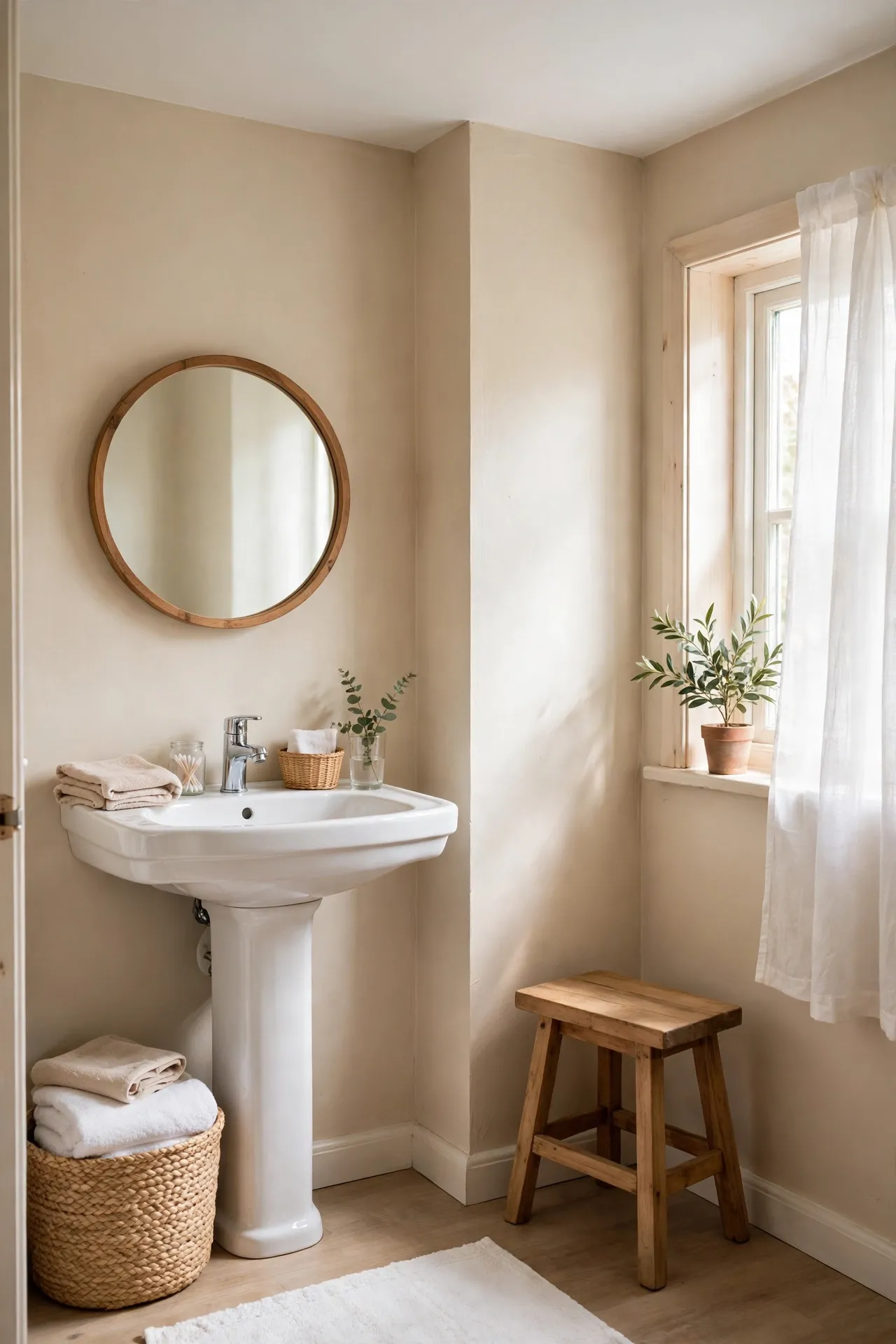 Bathroom painted warm light beige with white ceiling and wood accents
