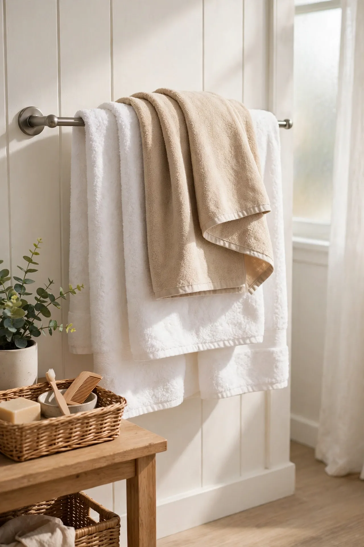 Beige hand towels layered over white bath towels on a bathroom rail