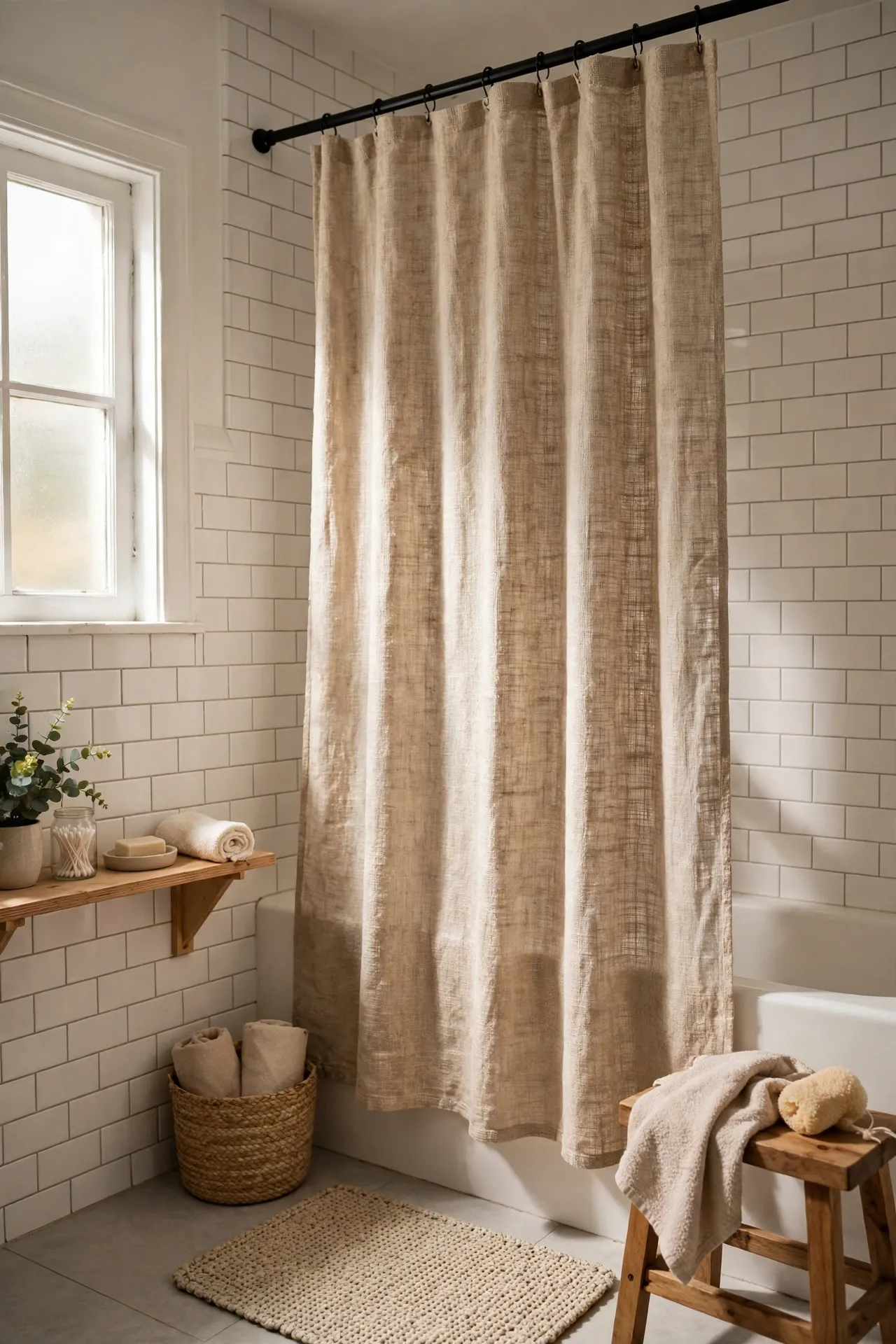 Beige linen-look shower curtain hanging high in a bright bathroom