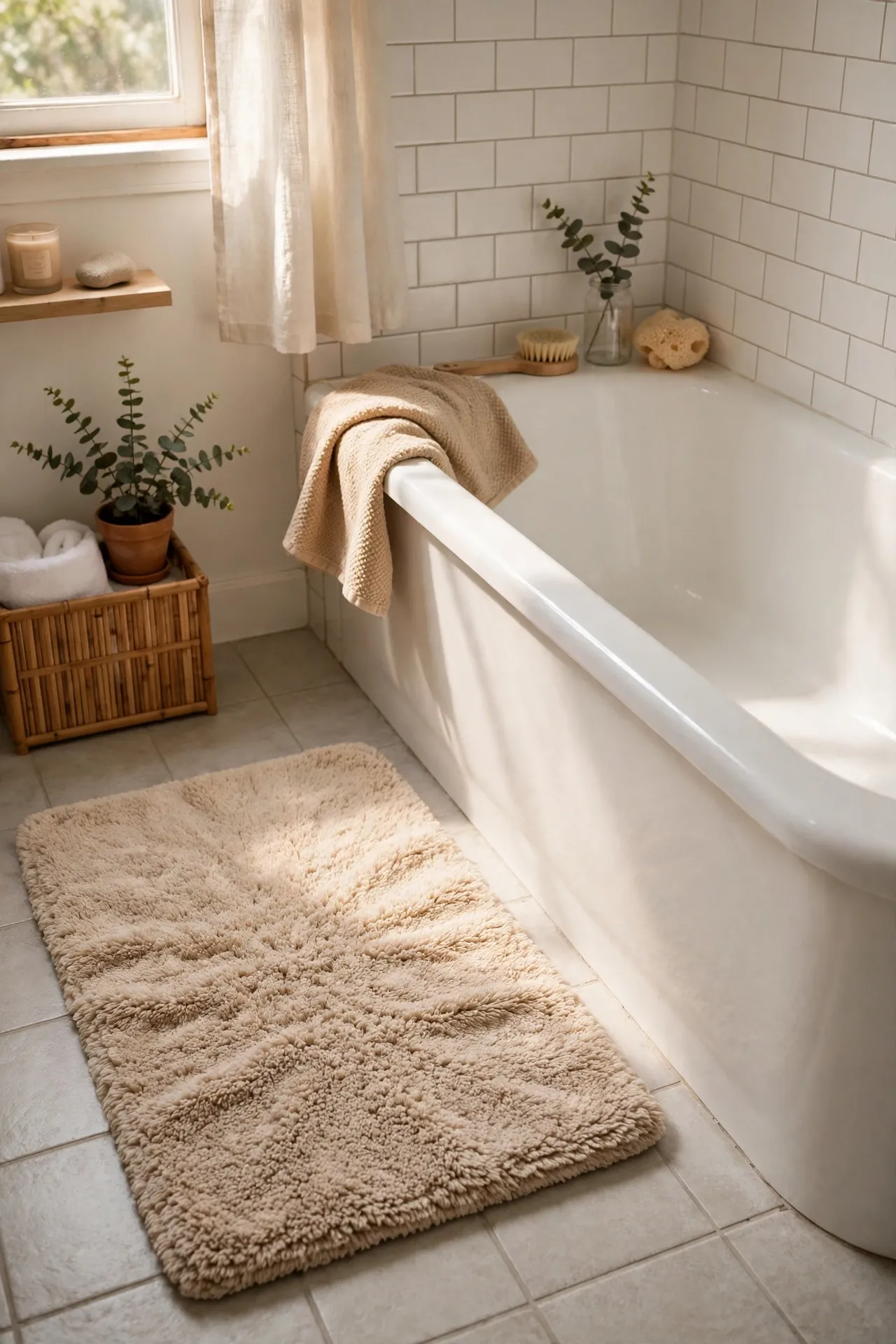 Plush beige cotton bath mat beside a white bathtub
