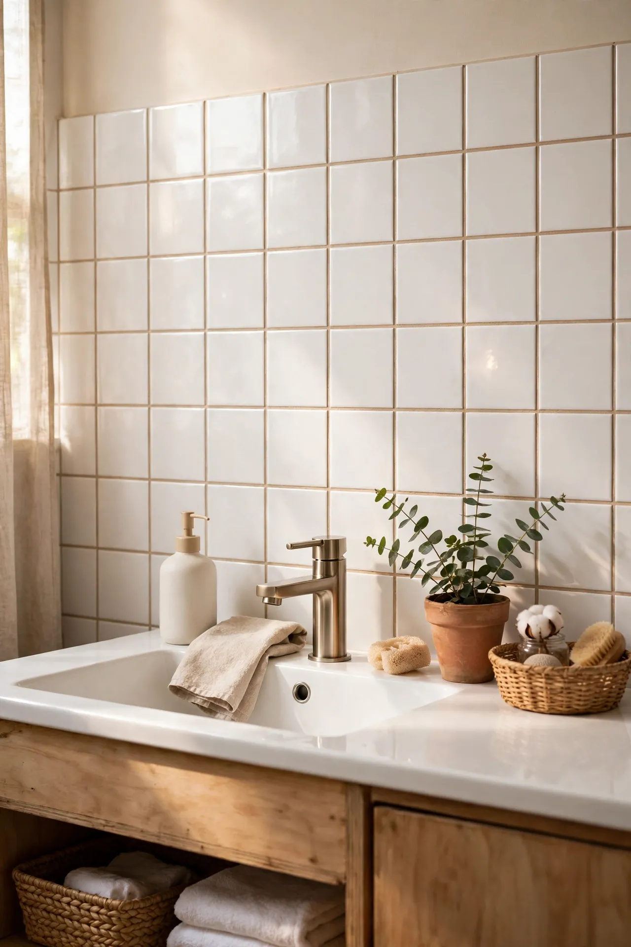 White bathroom tiles with soft beige grout lines