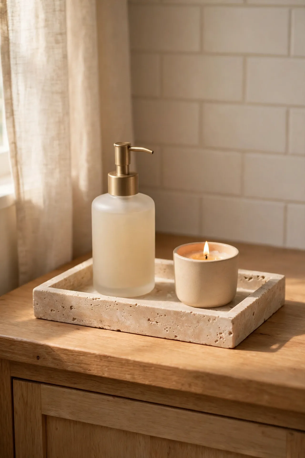 Beige travertine tray with soap dispenser and candle on a bathroom vanity