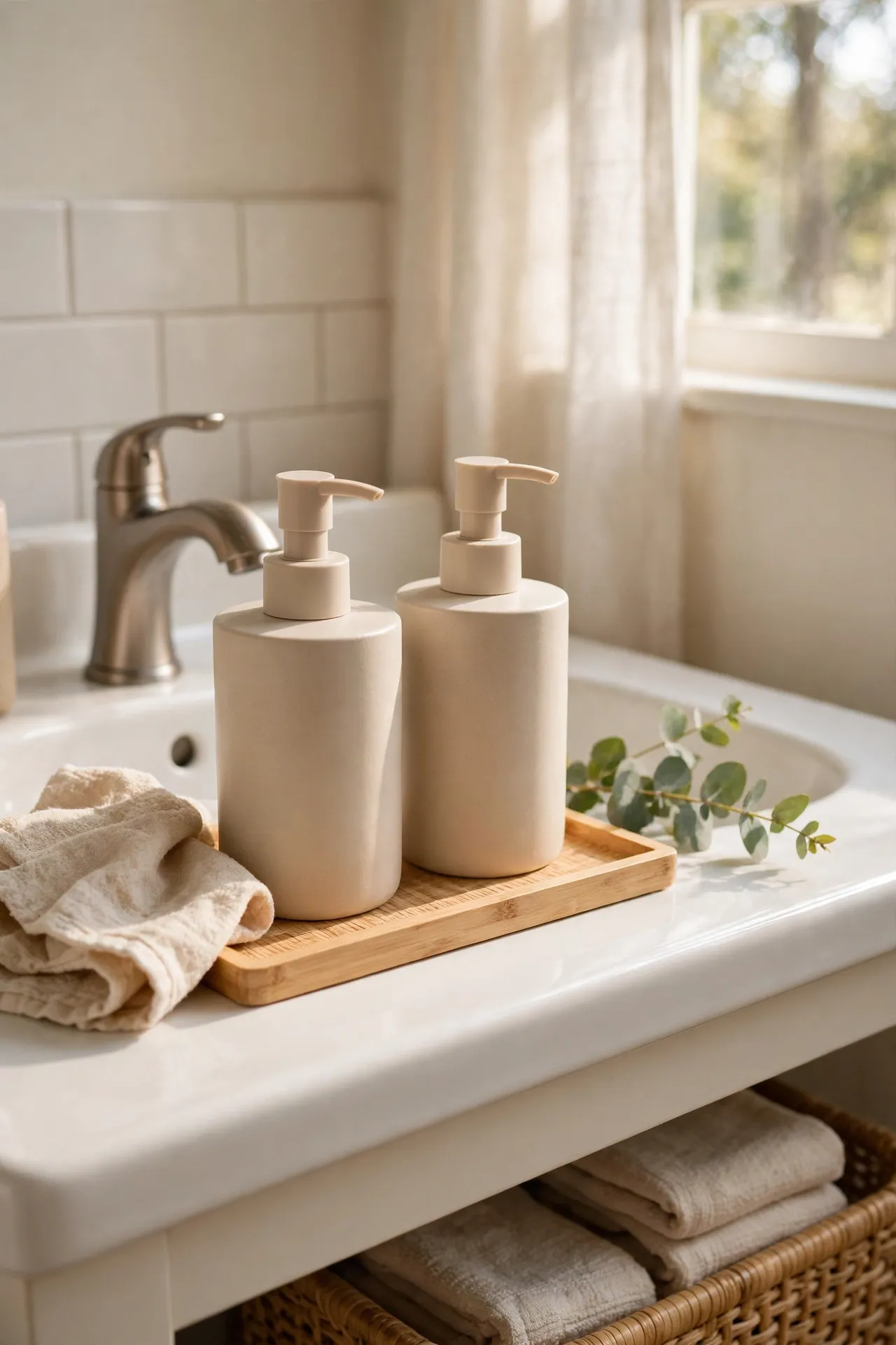 Matching beige refillable soap and lotion dispensers on a bathroom sink