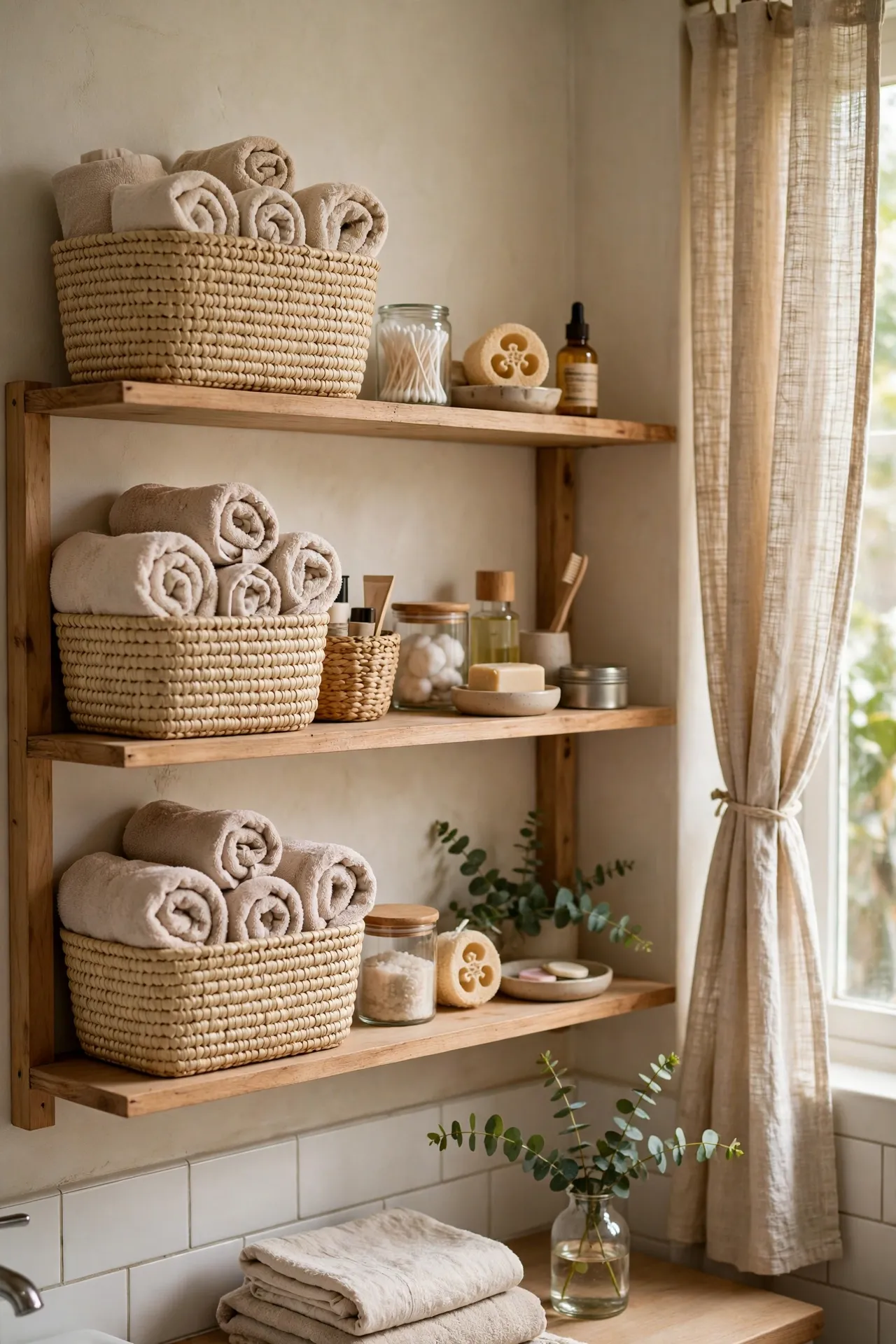 Woven beige baskets holding towels and toiletries on bathroom shelves