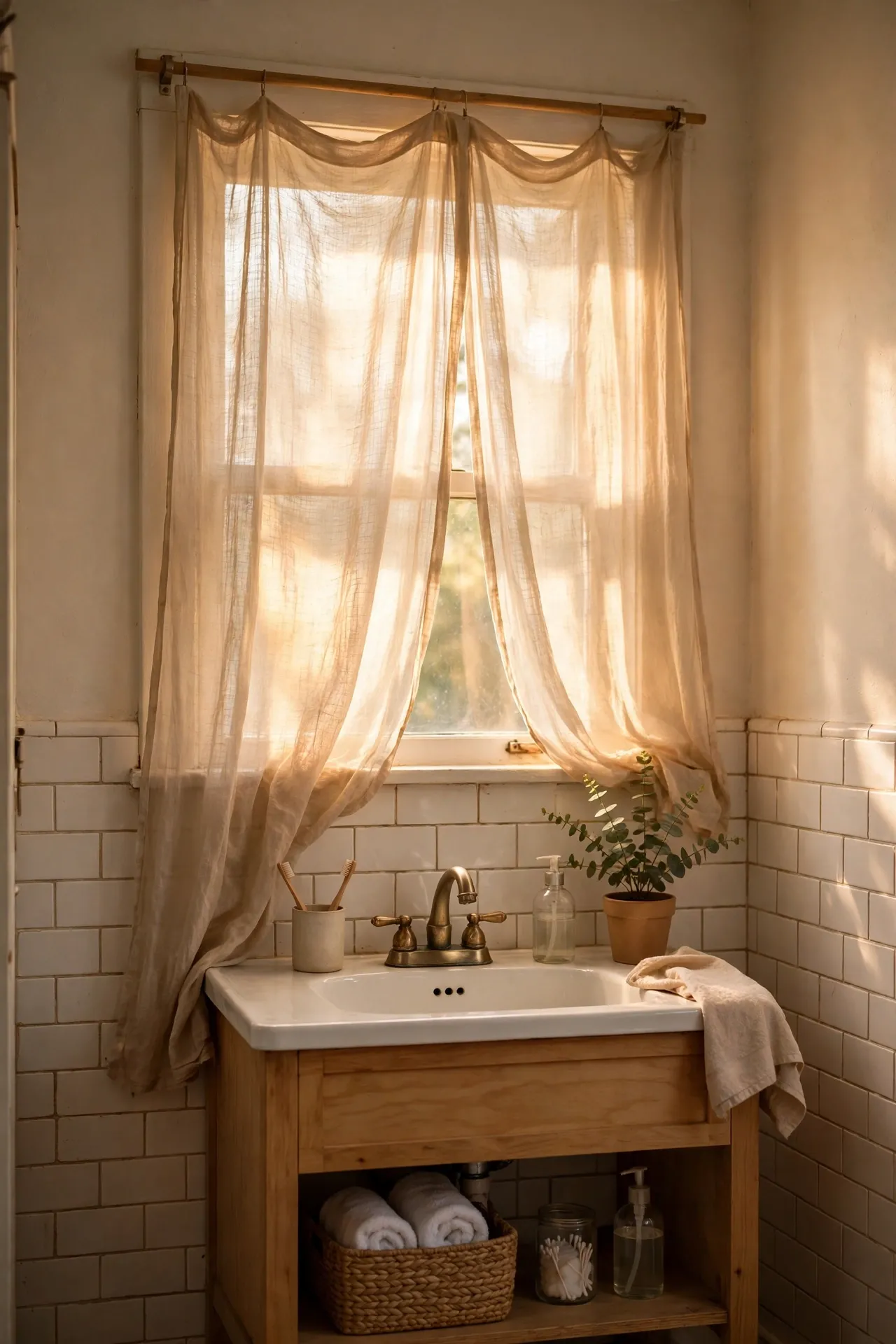 Sheer beige curtain filtering golden light through a bathroom window